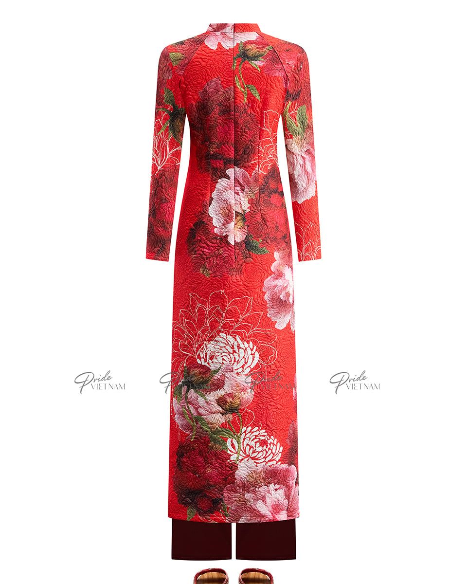 Áo Dài Gấm Nữ Đỏ Hoa Tím
