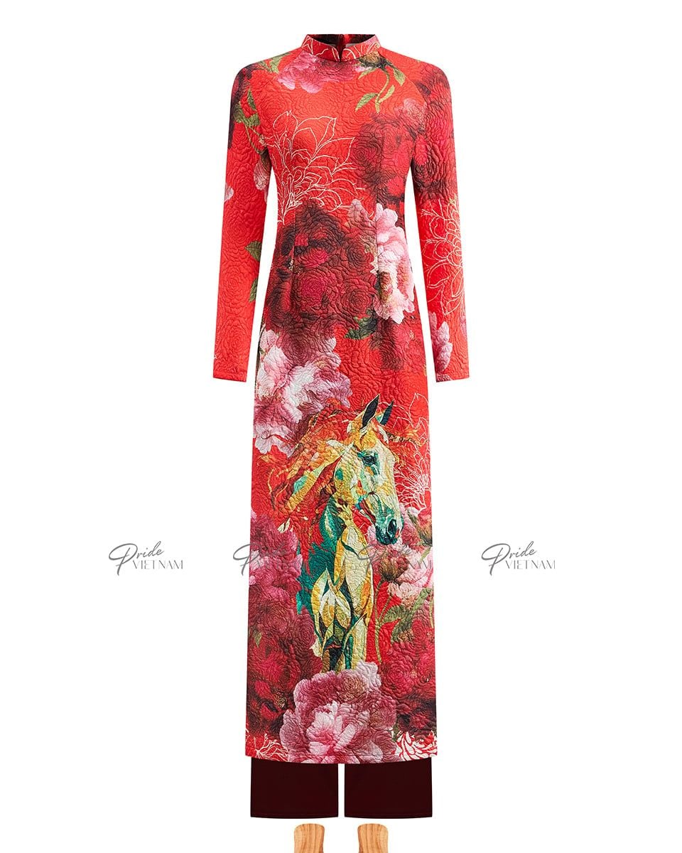Áo Dài Gấm Nữ Đỏ Hoa Tím