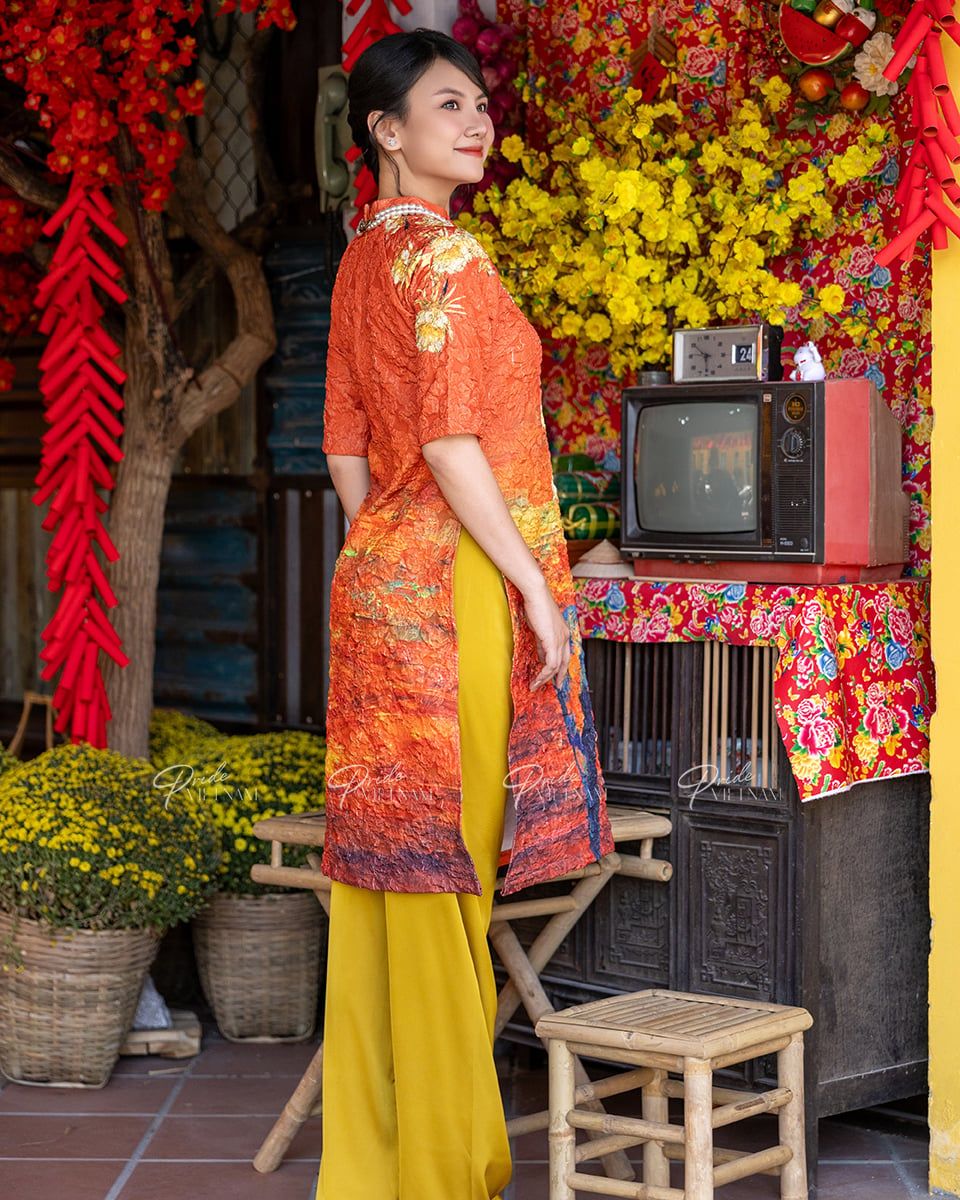 Áo Dài Gấm Nữ Cam Hoa