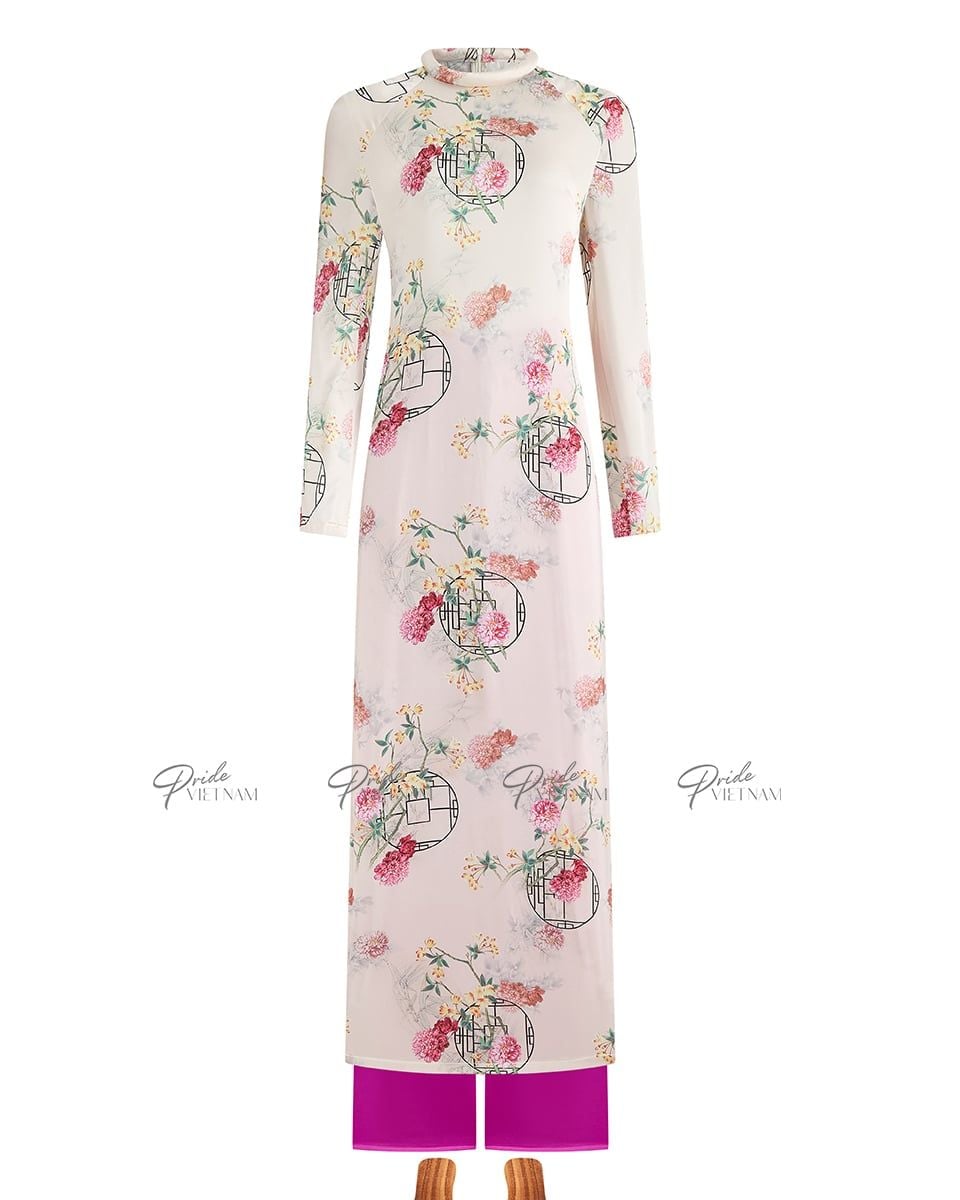 Áo Dài Truyền Thống Nữ Kem Hoa hồng