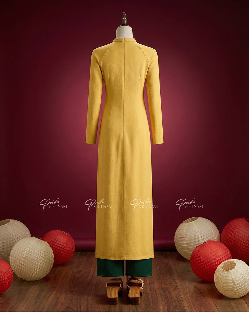 Áo Dài Truyền Thống Linen Nữ Vàng Thêu