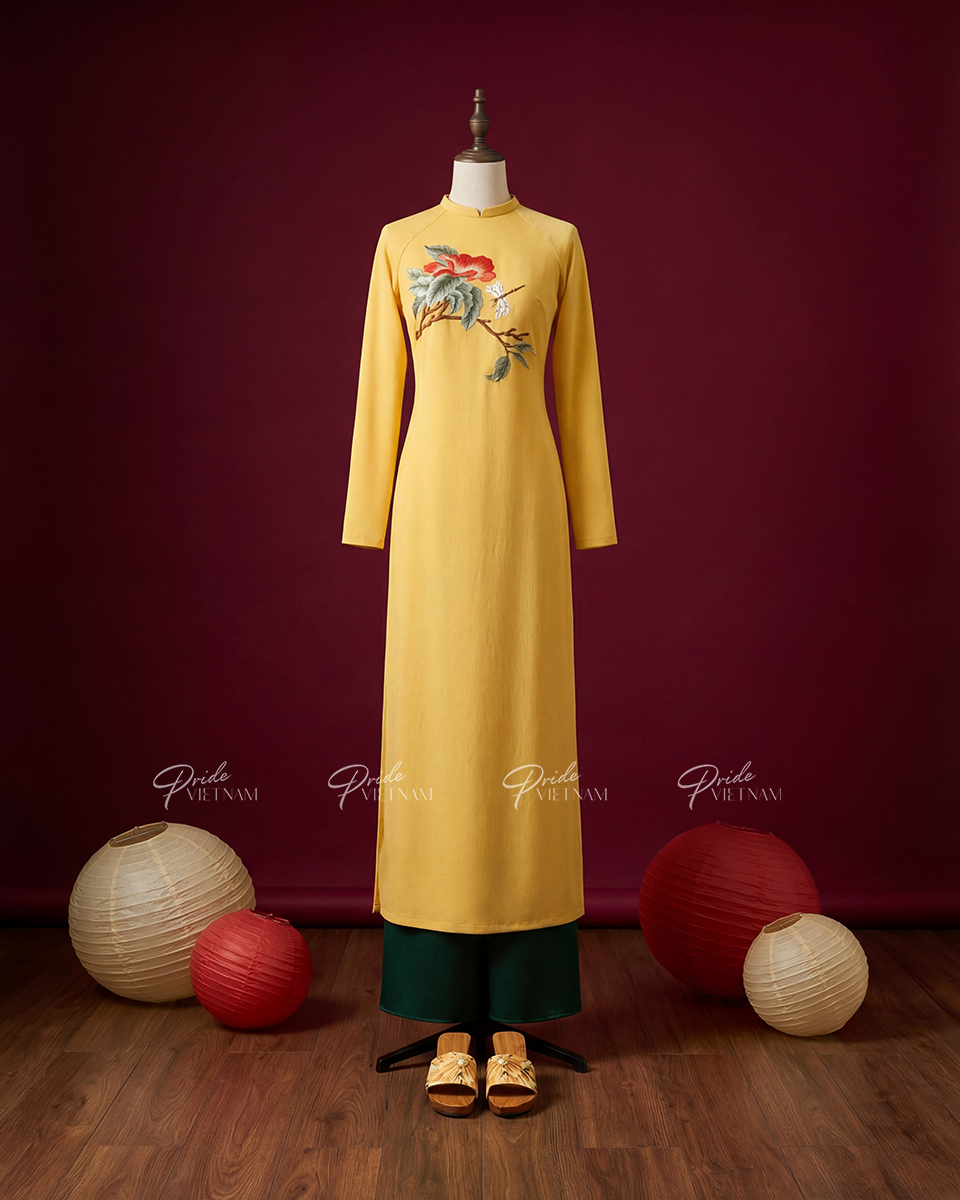 Áo Dài Truyền Thống Linen Nữ Vàng Thêu