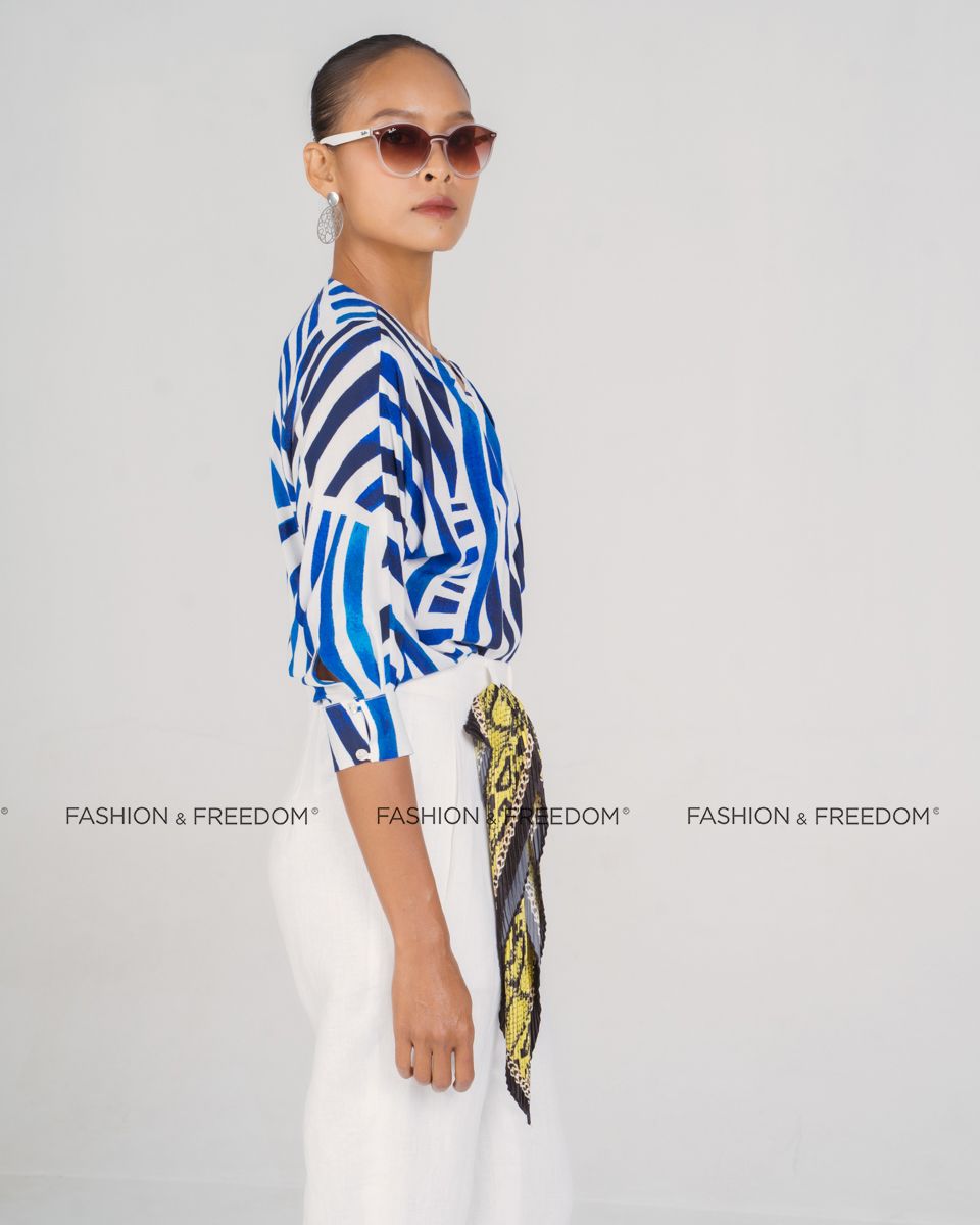 Áo Kiểu Lụa Xanh Trắng New Linen New Horizon