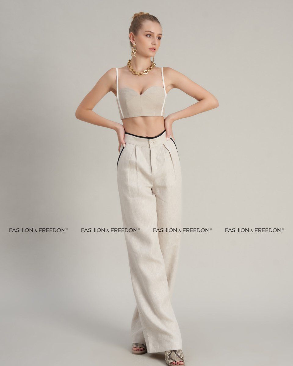 Quần Dài Linen Nữ Kem Viền Đen Hello New Day