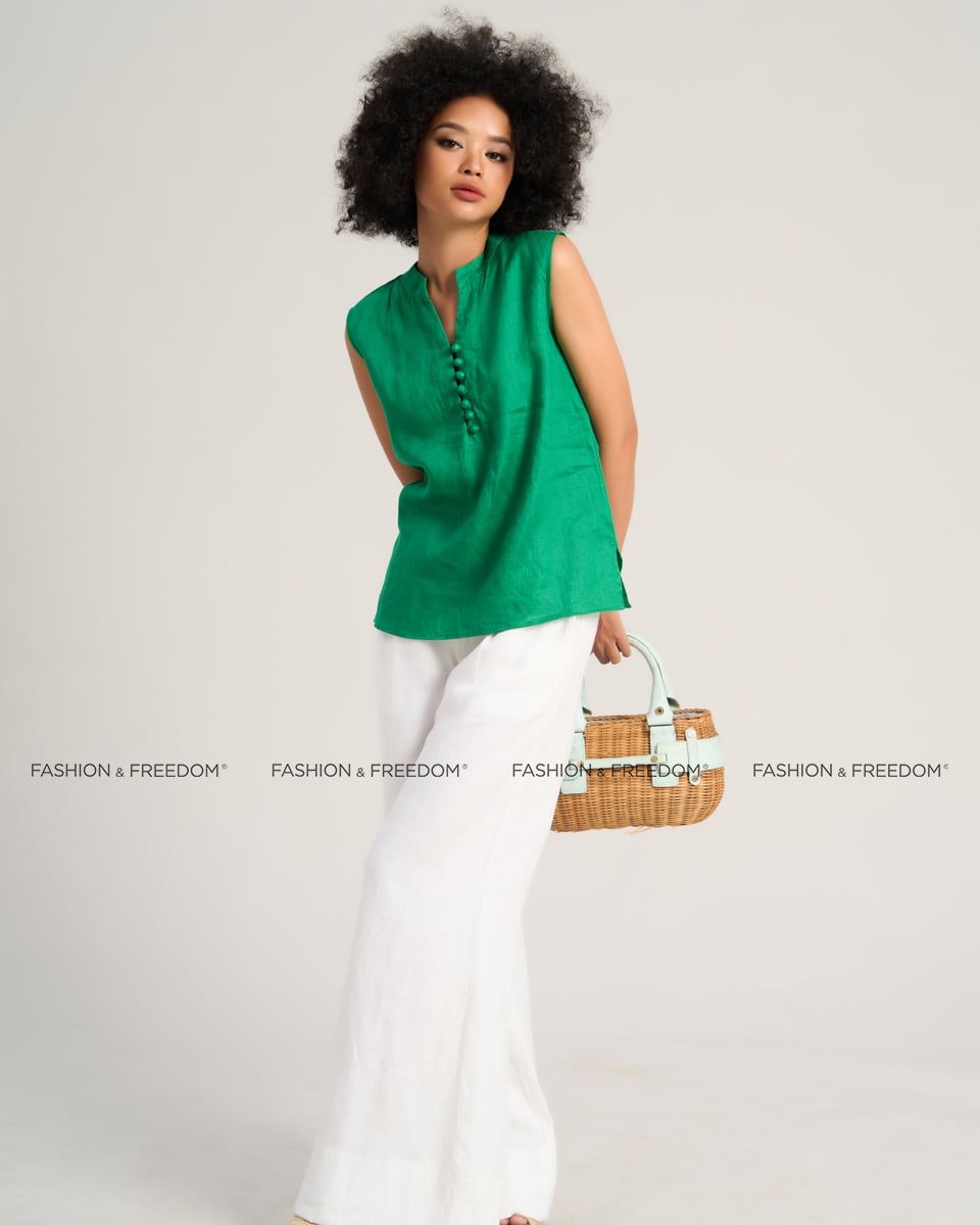Áo Kiểu Linen Nữ Xanh Lá Sắc Màu Tự Do