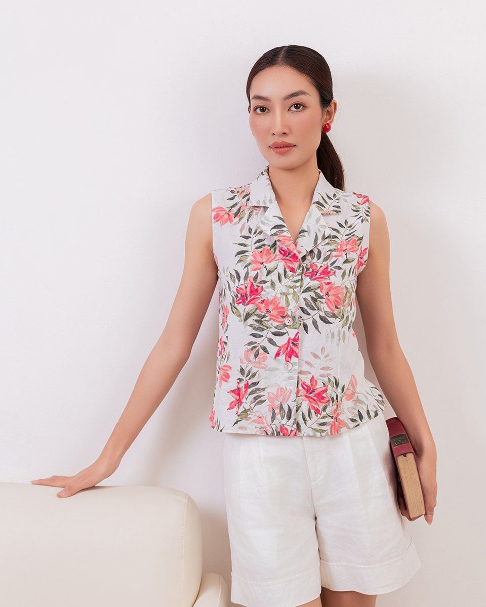 Áo Kiểu Nữ Linen Trắng Hoa Đỏ