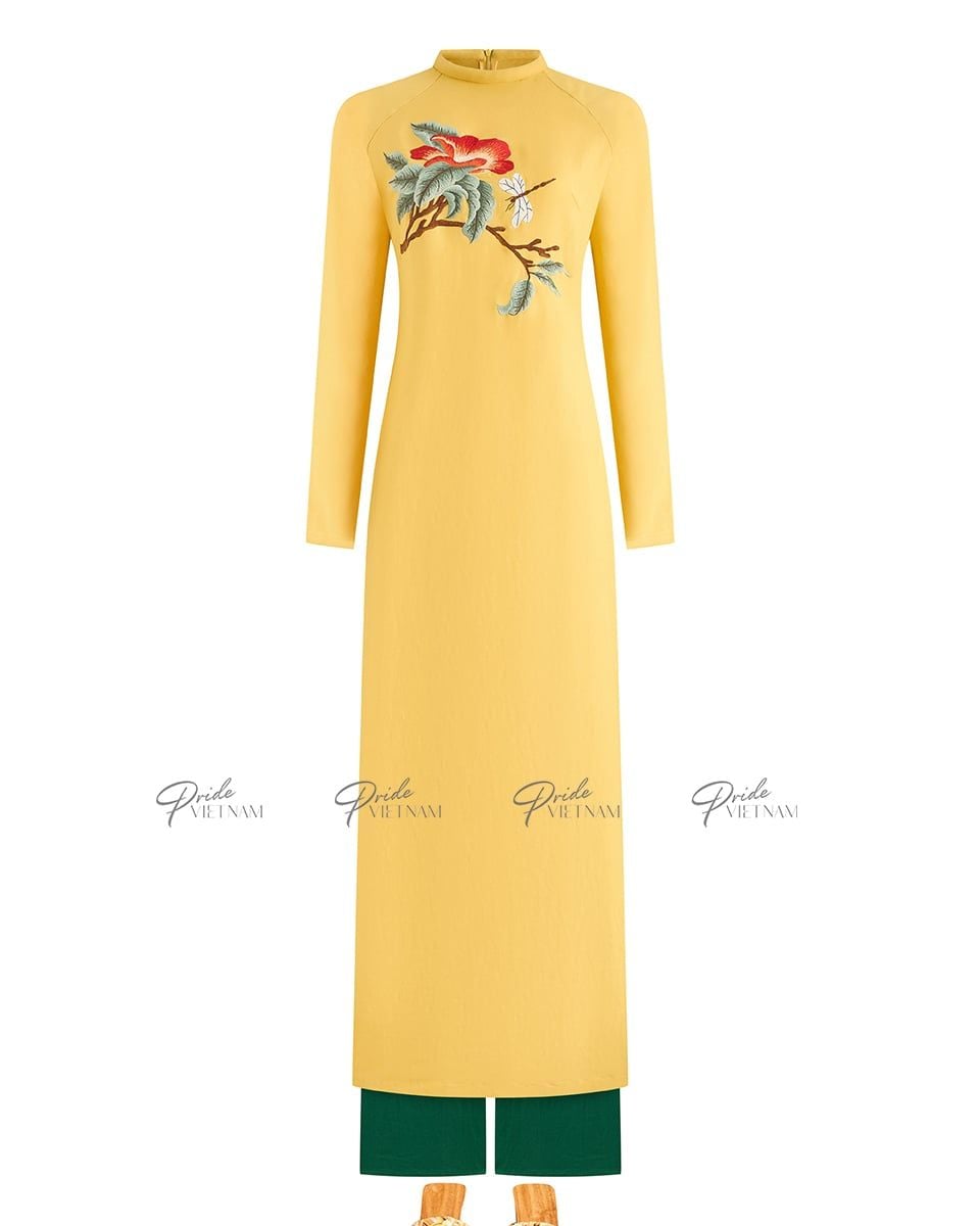 Áo Dài Truyền Thống Linen Nữ Vàng Thêu