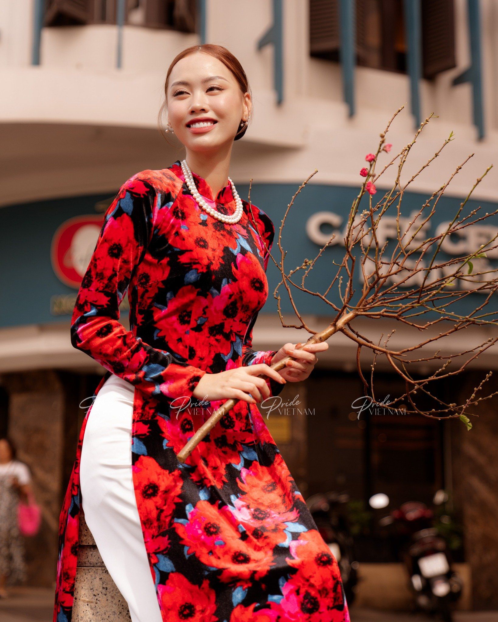 Áo Dài Nhung Hoa Đỏ Hồn Việt