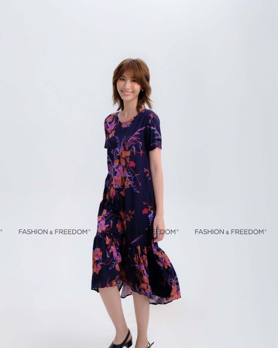 Đầm Lụa Tím Họa Tiết Có Tay