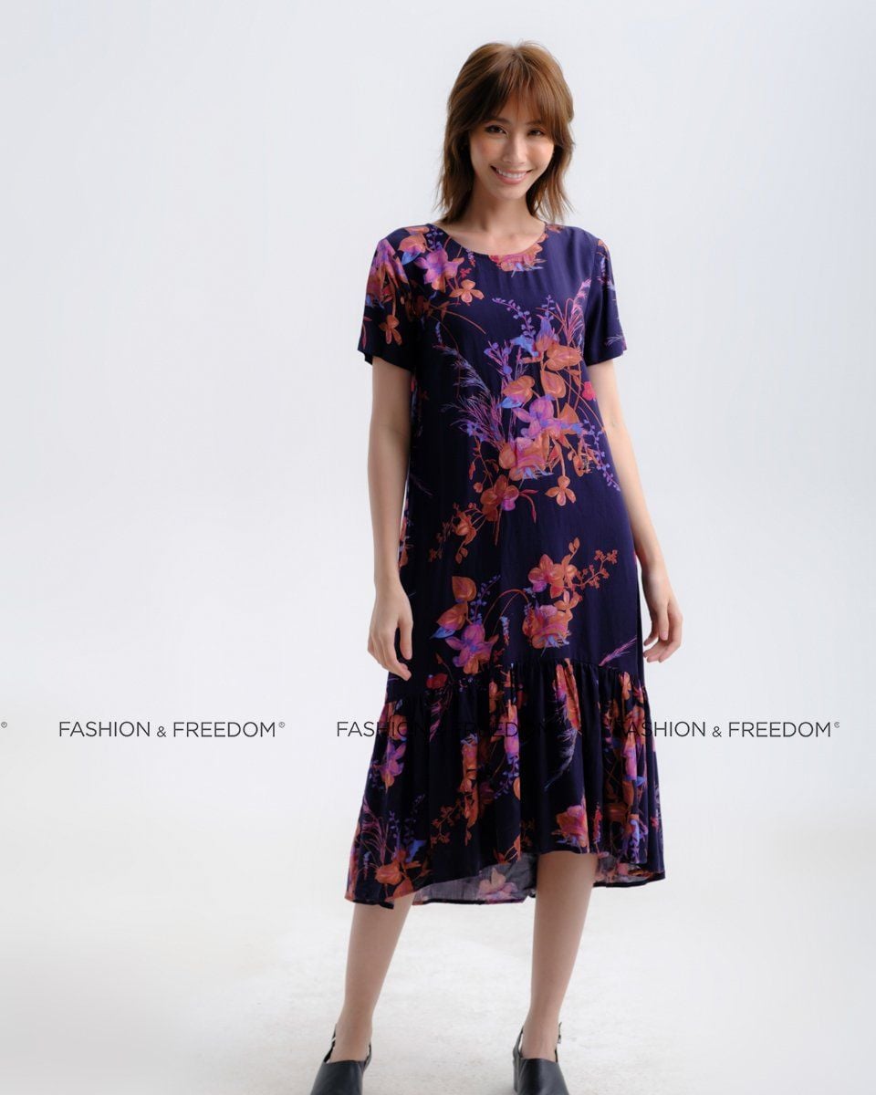 Đầm Lụa Tím Họa Tiết Có Tay