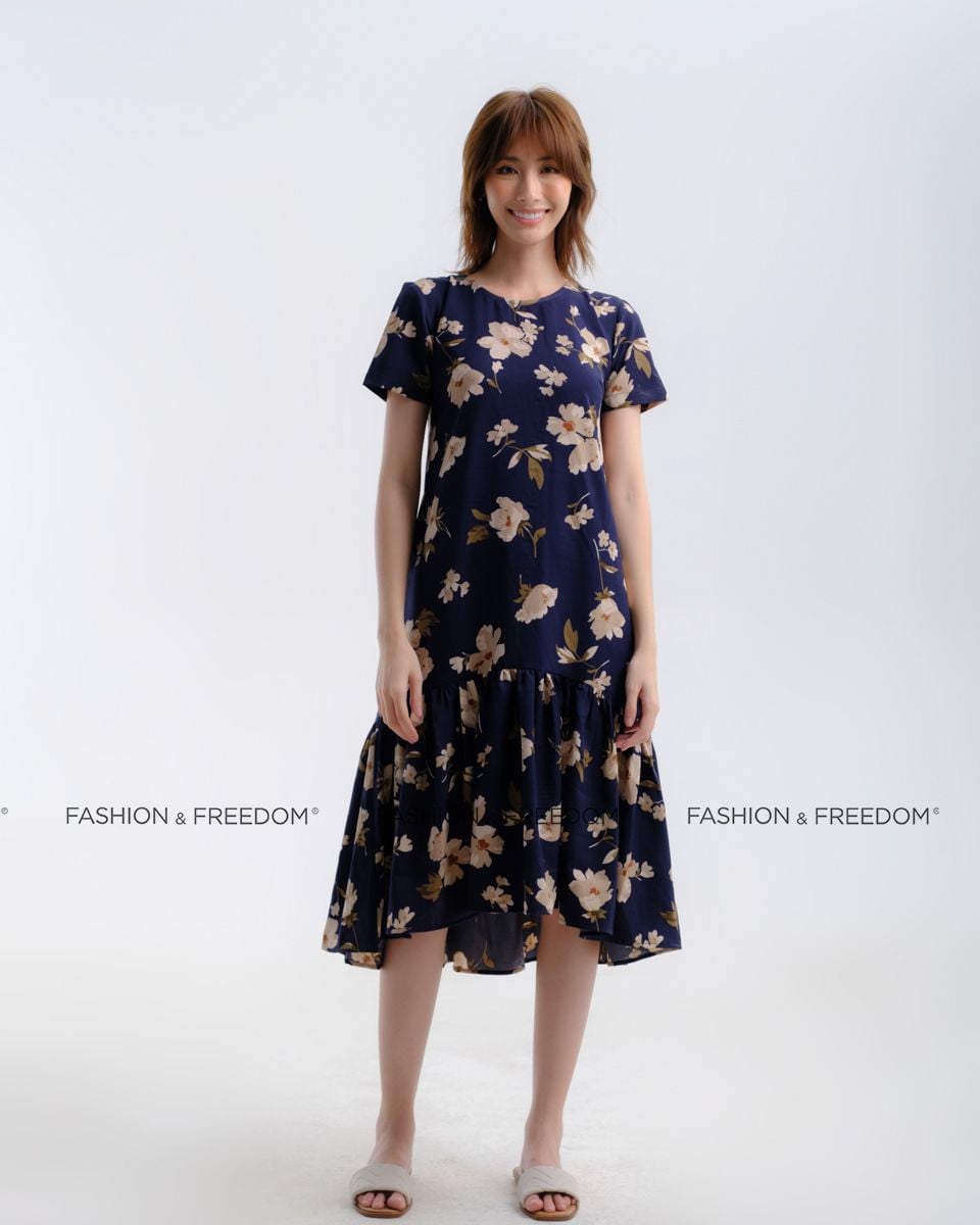 Đầm Lụa Xanh Hoa Có Tay