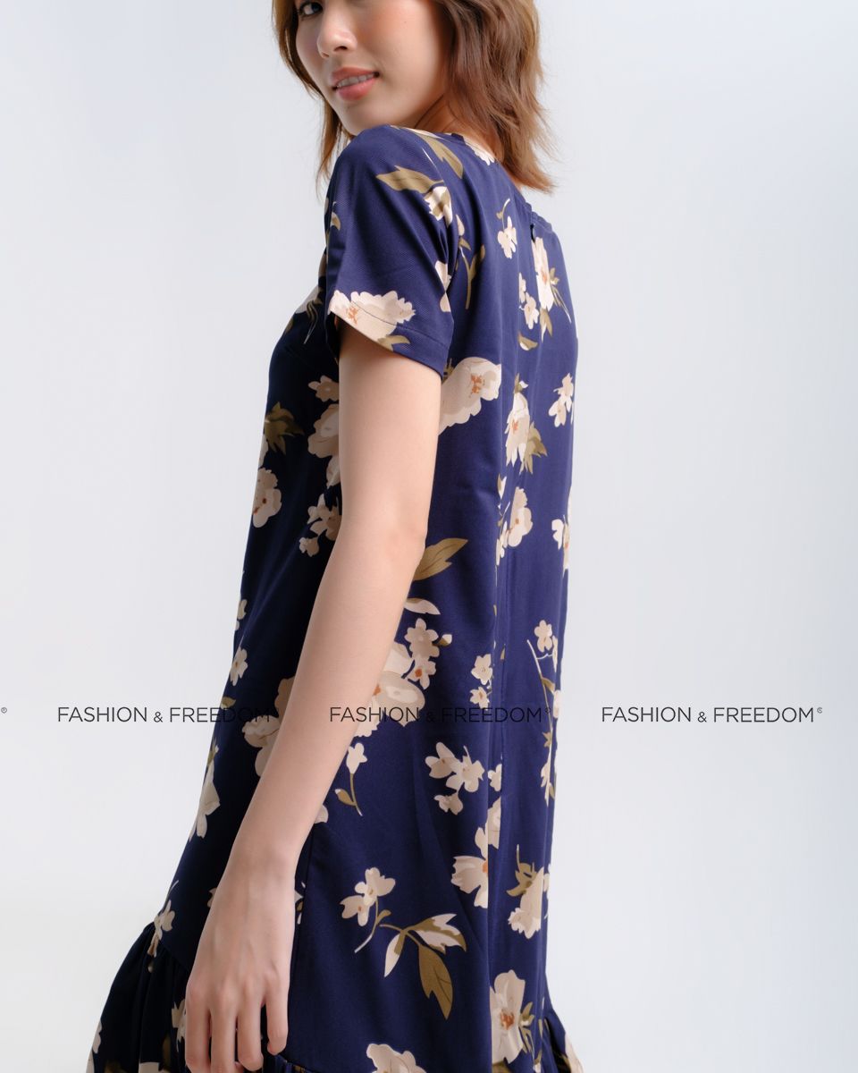 Đầm Lụa Xanh Hoa Có Tay