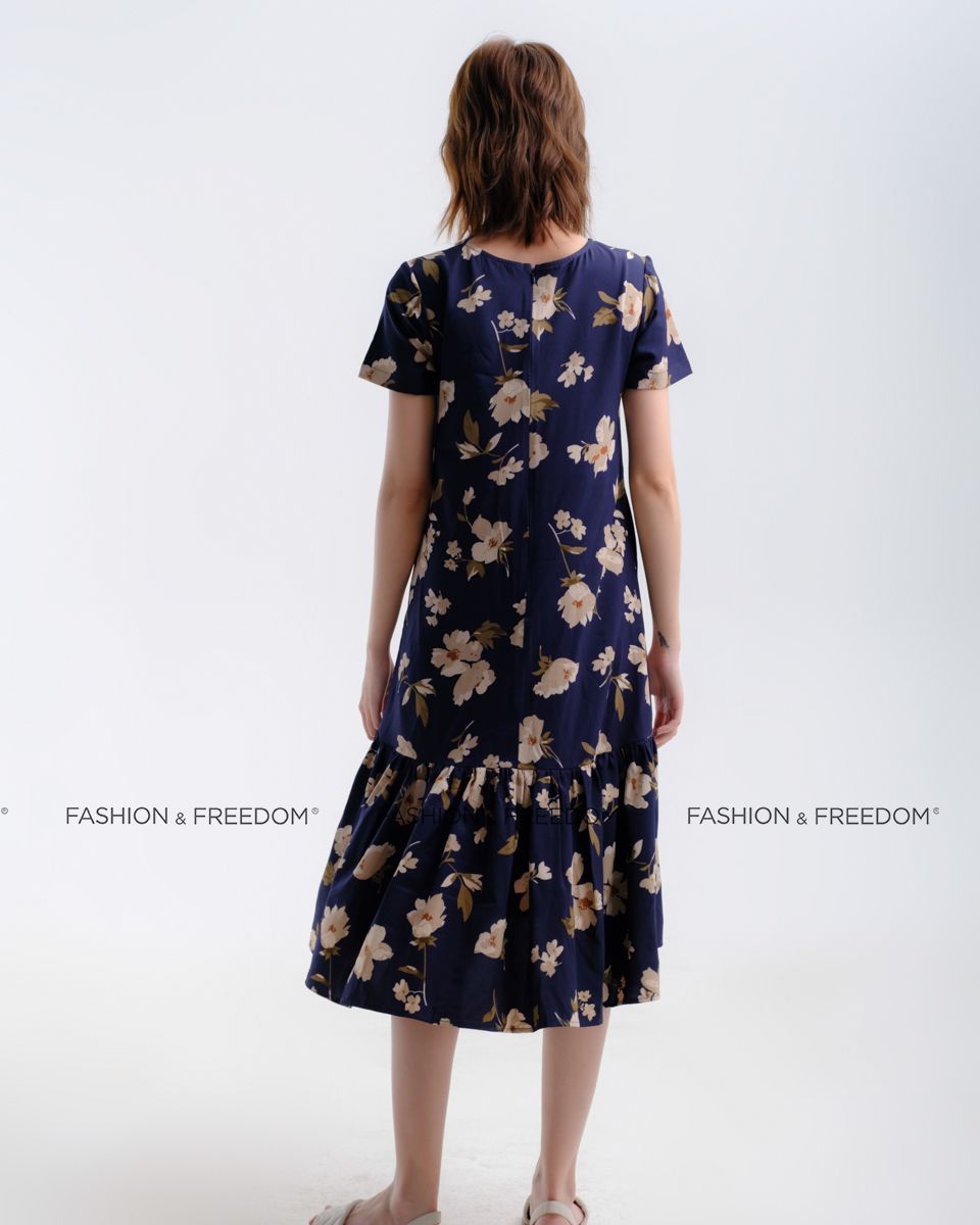 Đầm Lụa Xanh Hoa Có Tay