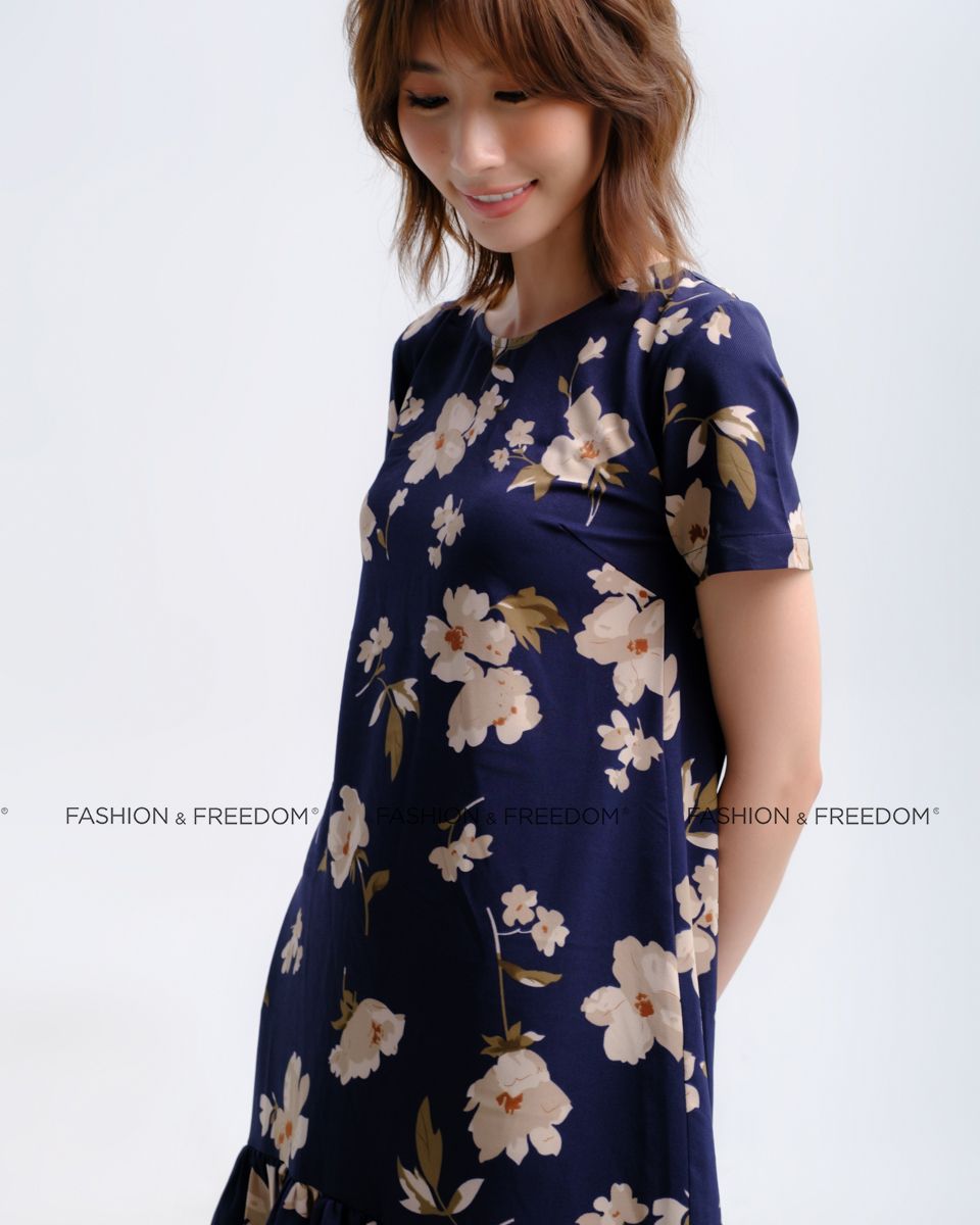 Đầm Lụa Xanh Hoa Có Tay