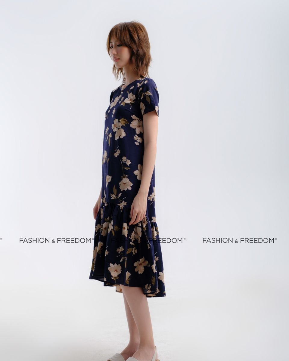 Đầm Lụa Xanh Hoa Có Tay