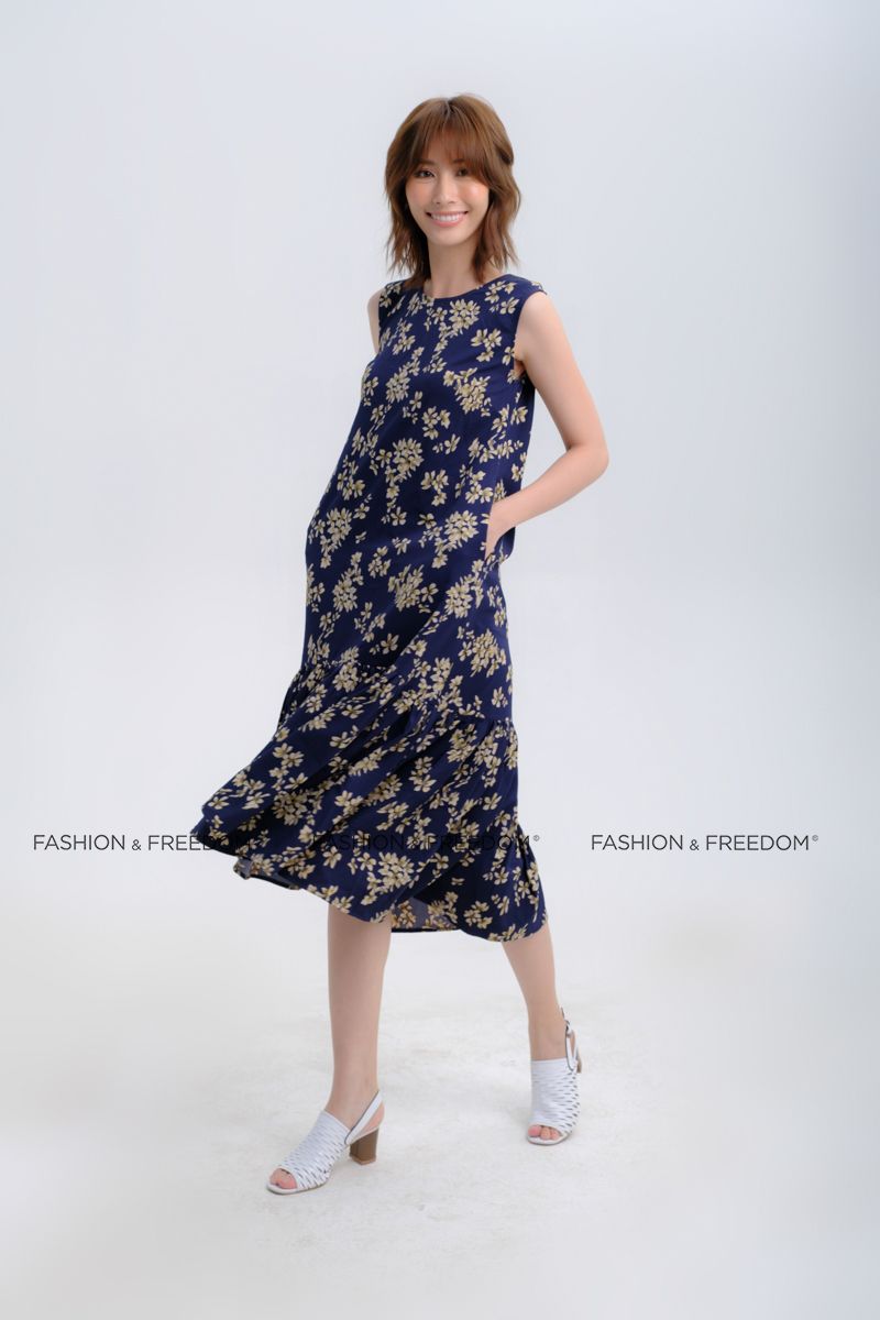 Đầm Lụa Xanh Hoa Vàng