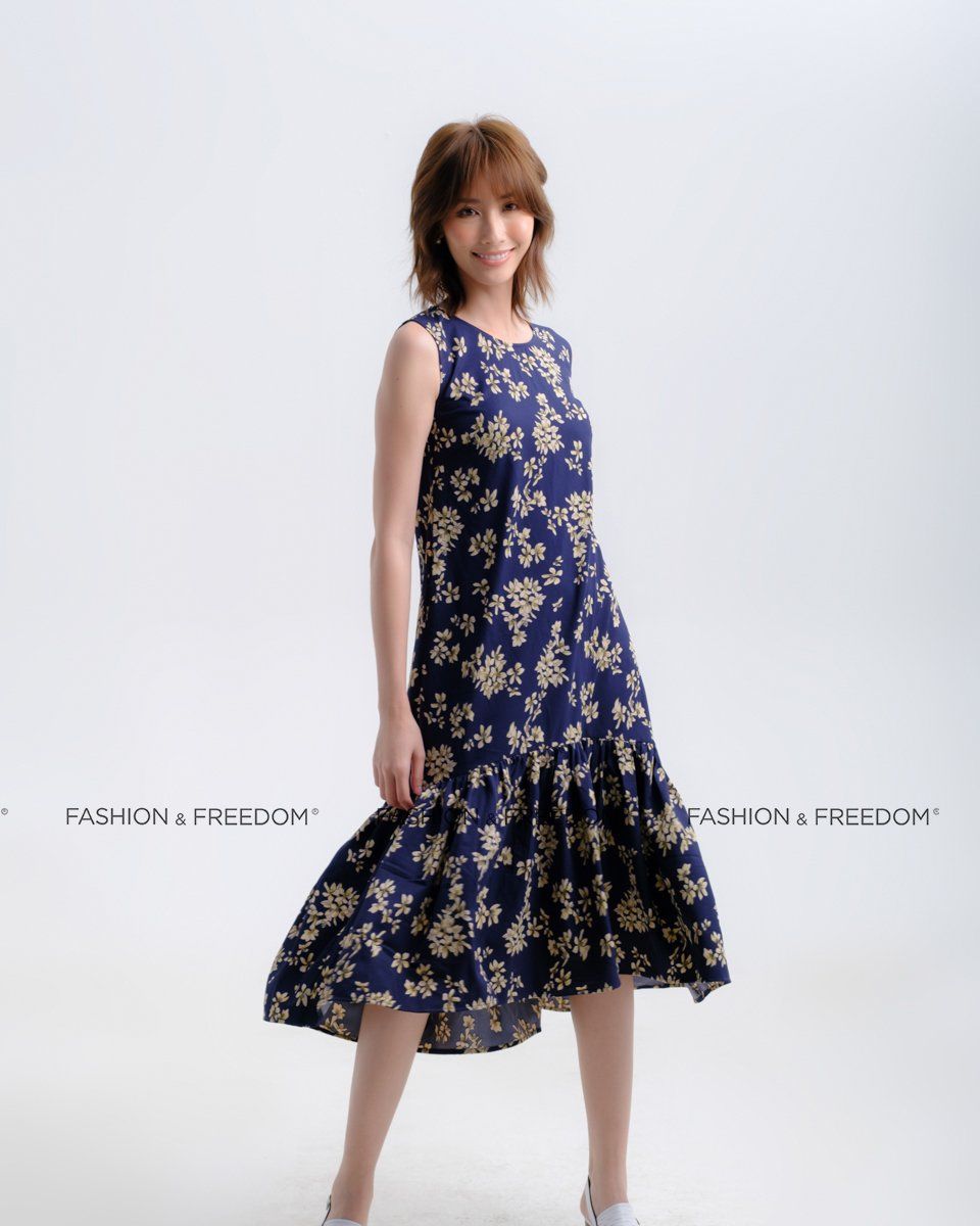 Đầm Lụa Xanh Hoa Vàng