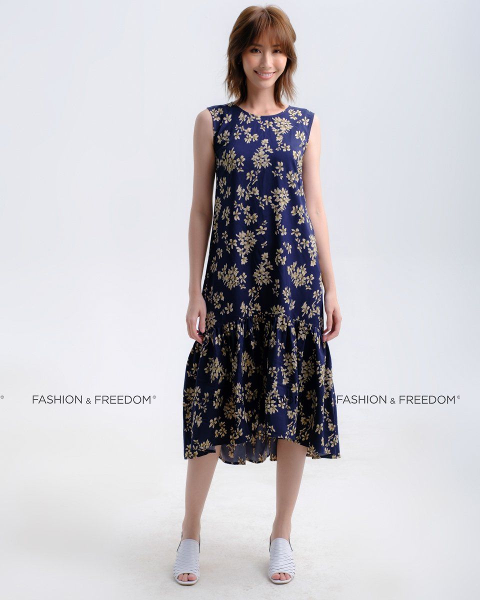 Đầm Lụa Xanh Hoa Vàng