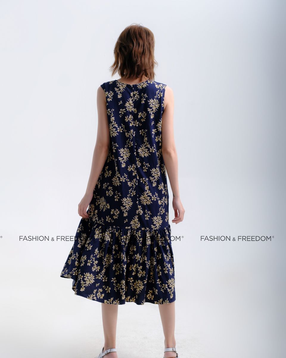 Đầm Lụa Xanh Hoa Vàng