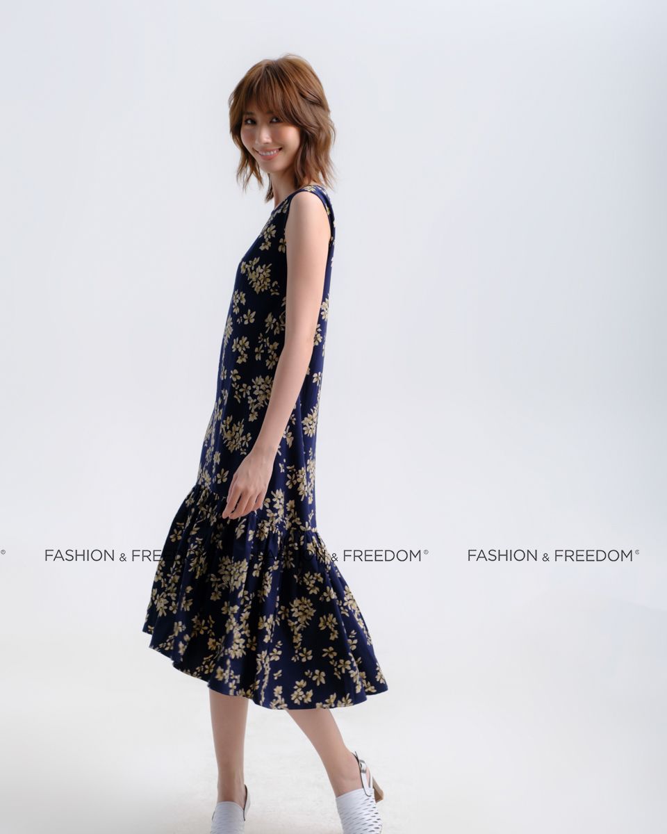 Đầm Lụa Xanh Hoa Vàng