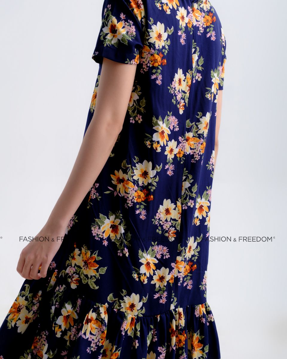 Đầm Lụa Xanh Vàng Có Tay