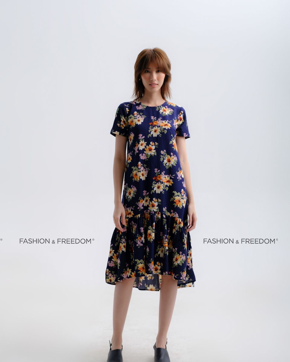 Đầm Lụa Xanh Vàng Có Tay