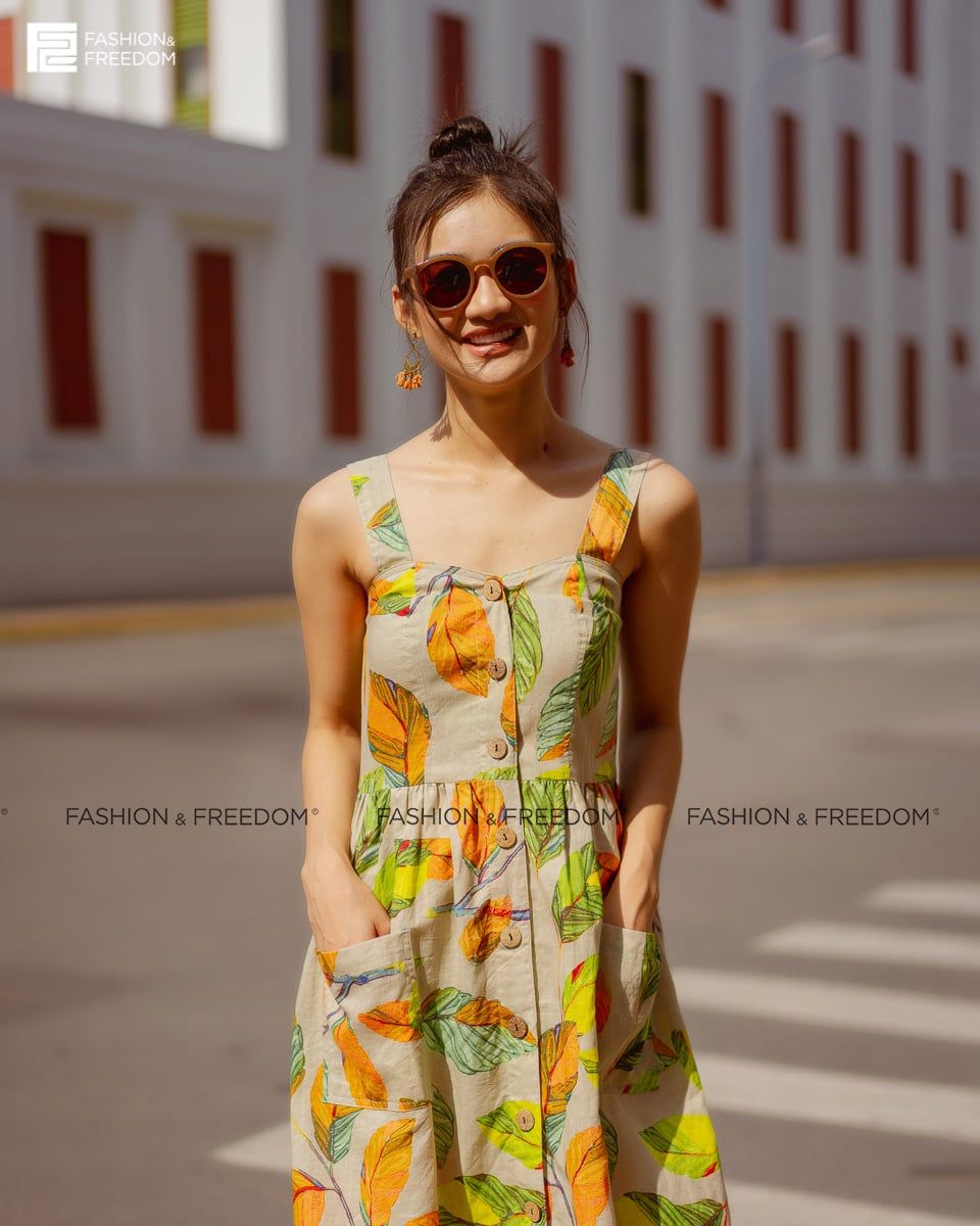 Đầm Linen Cam Xanh Fall Muse