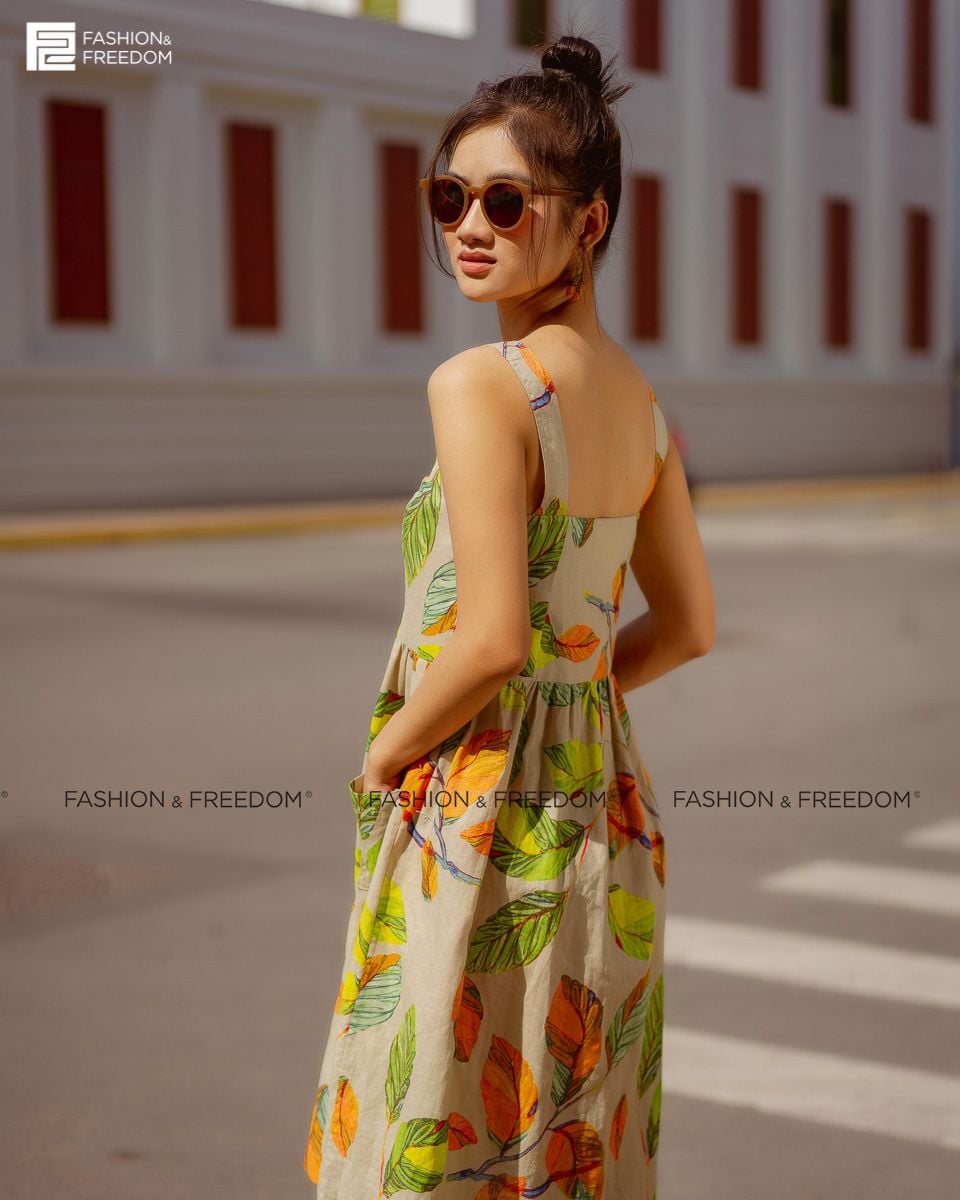 Đầm Linen Cam Xanh Fall Muse