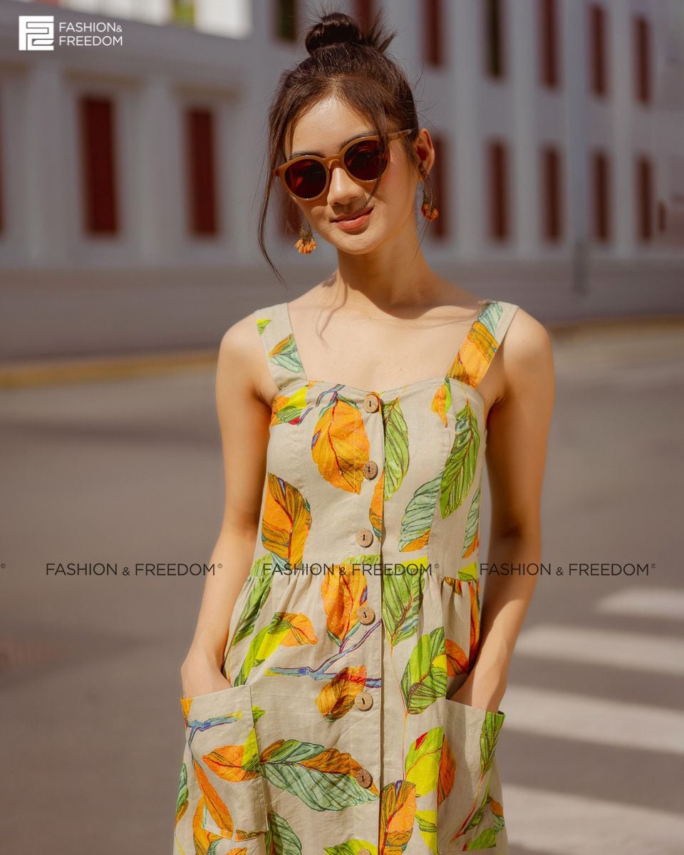 Đầm Linen Cam Xanh Fall Muse