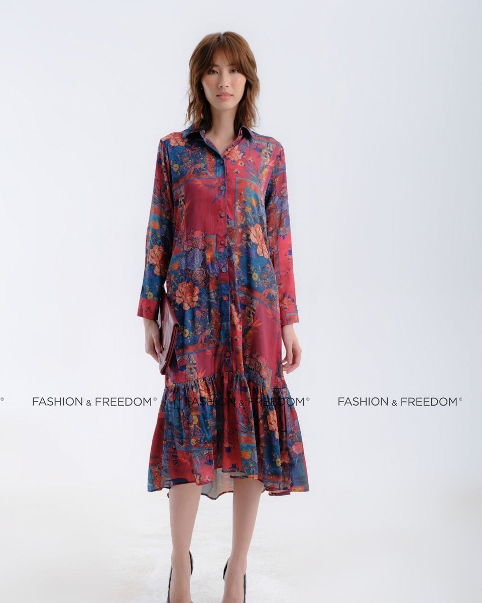 Đầm Lụa Đỏ Họa Tiết Hương Mùa Hè