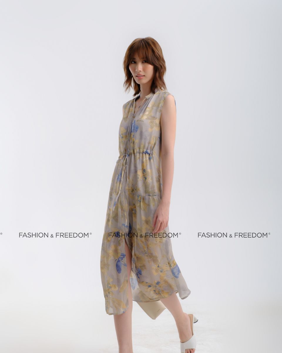 Đầm Lụa Vàng Họa Tiết Hương Mùa Hè