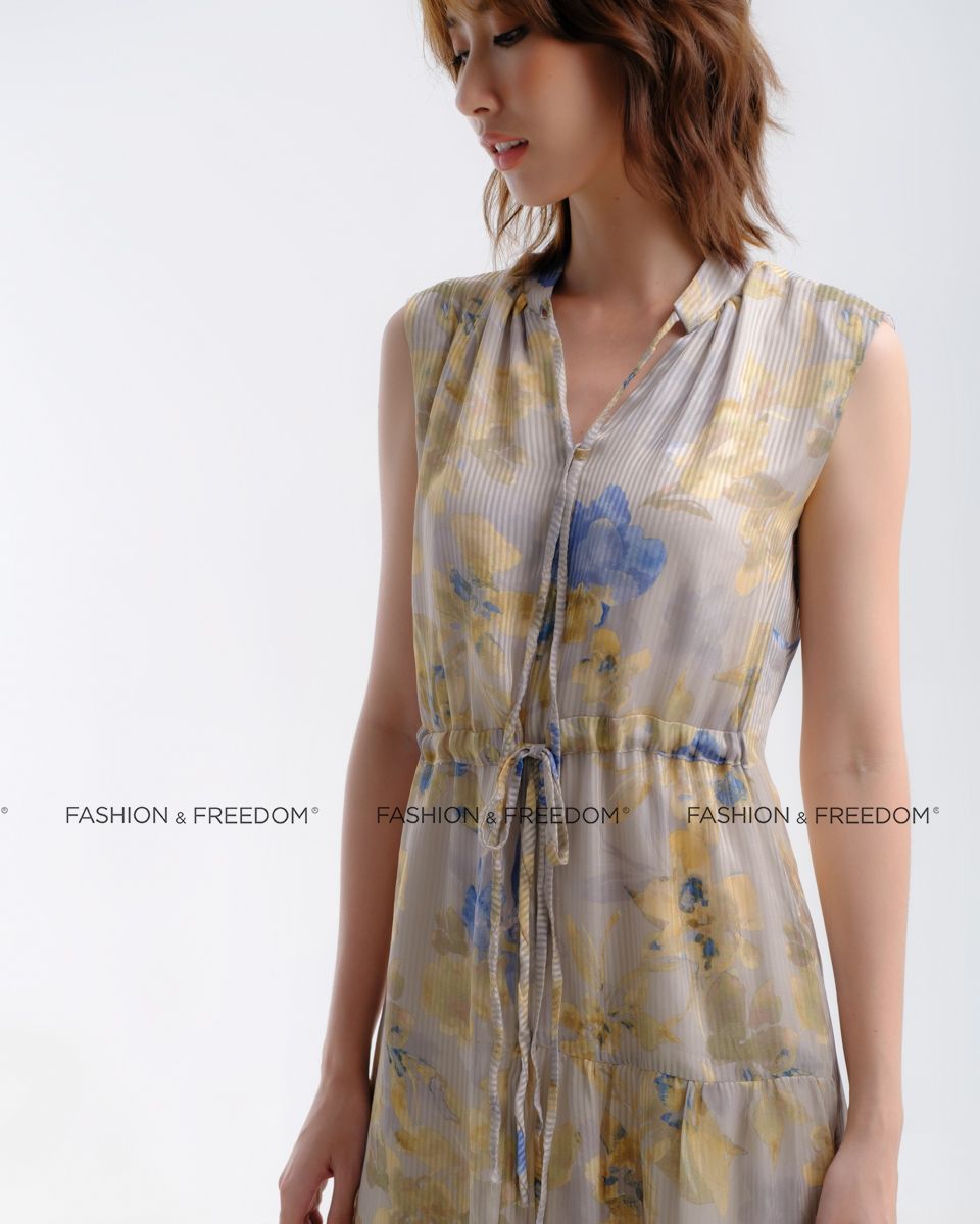 Đầm Lụa Vàng Họa Tiết Hương Mùa Hè