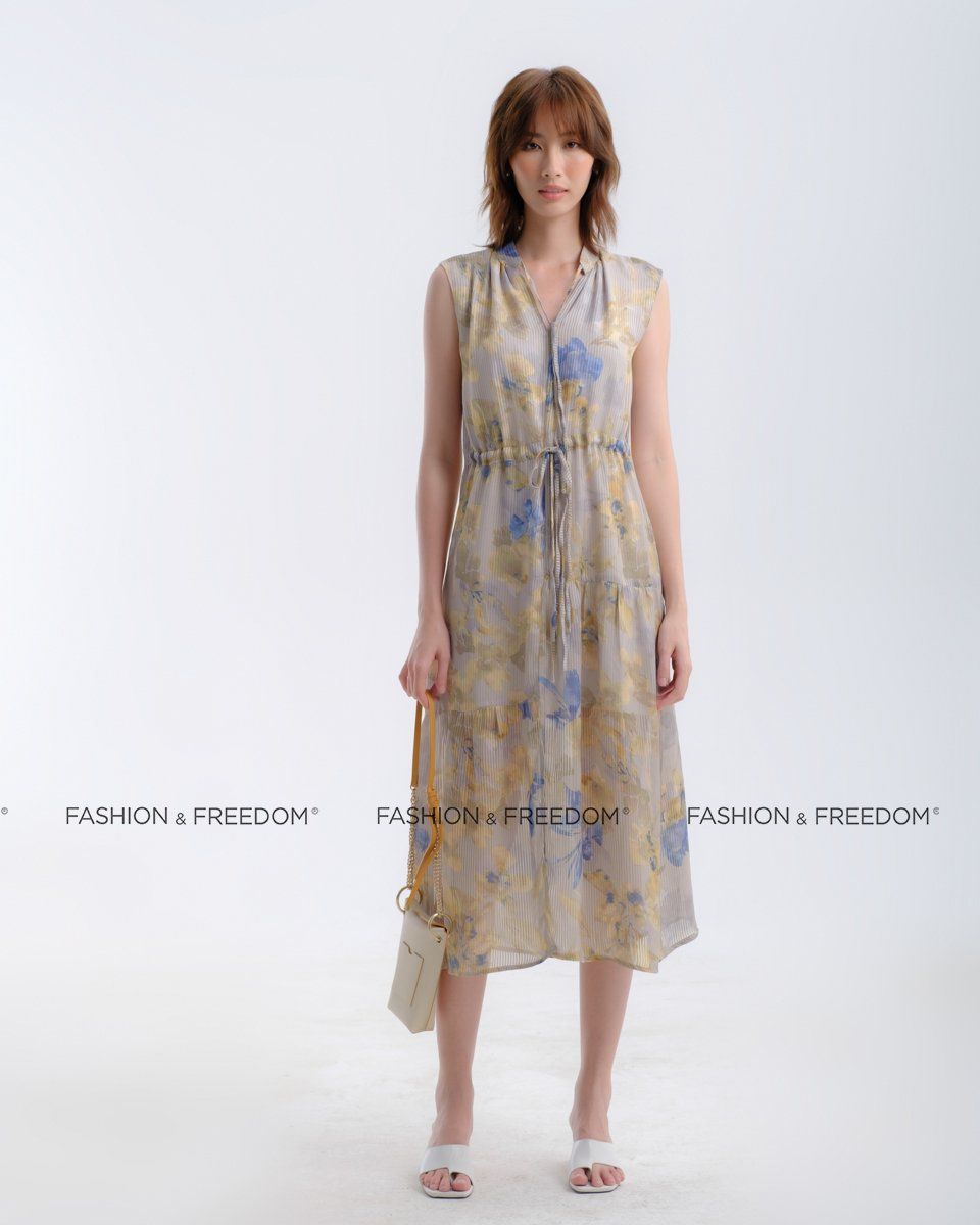 Đầm Lụa Vàng Họa Tiết Hương Mùa Hè