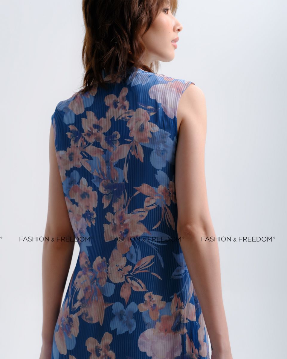 Đầm Lụa Xanh Họa Tiết