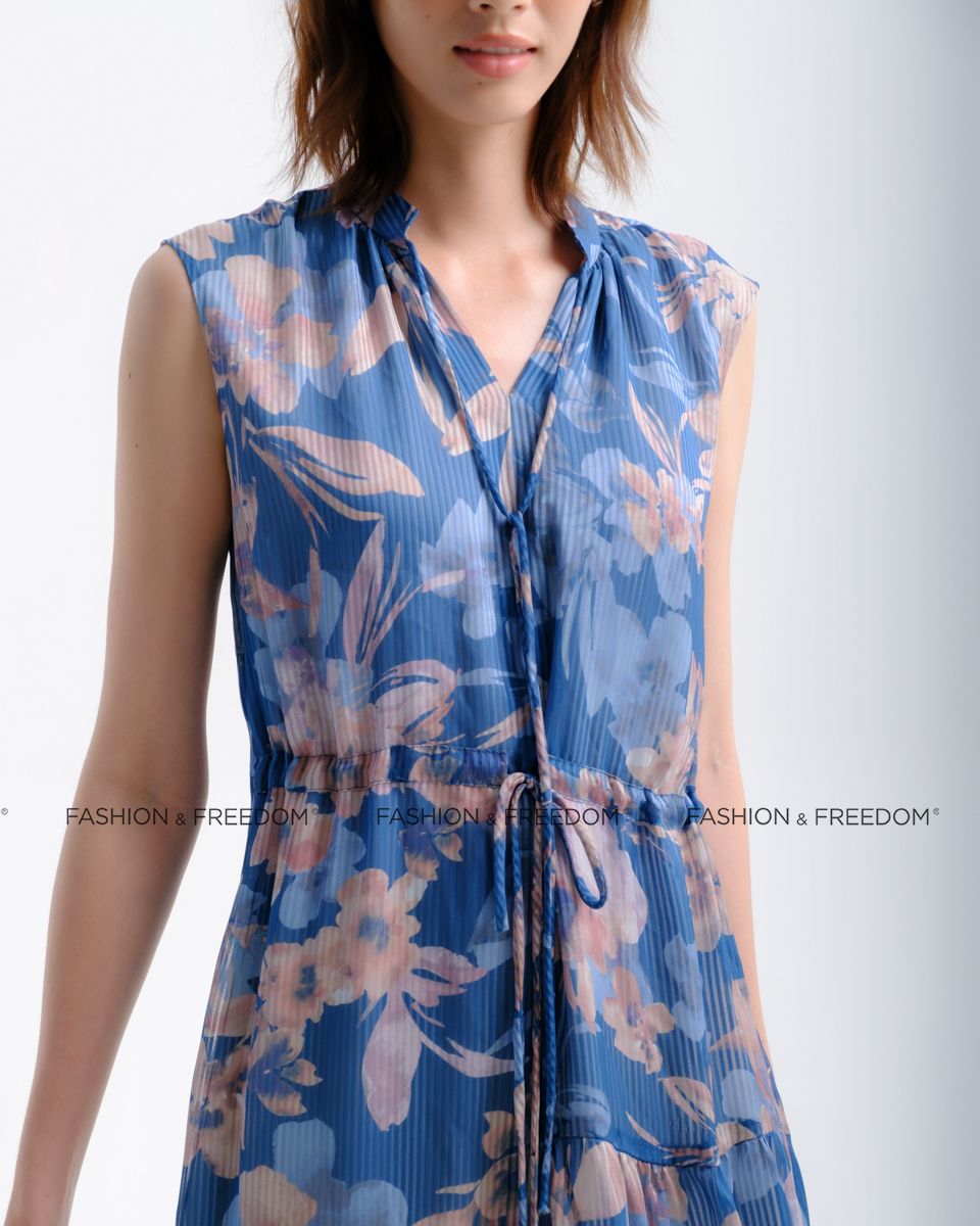 Đầm Lụa Xanh Họa Tiết