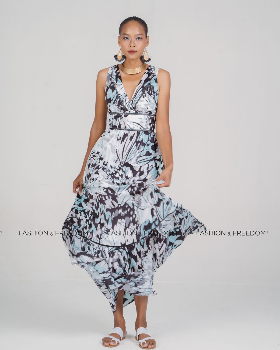 Đầm Lụa Xám Họa Tiết New Linen New Horizone