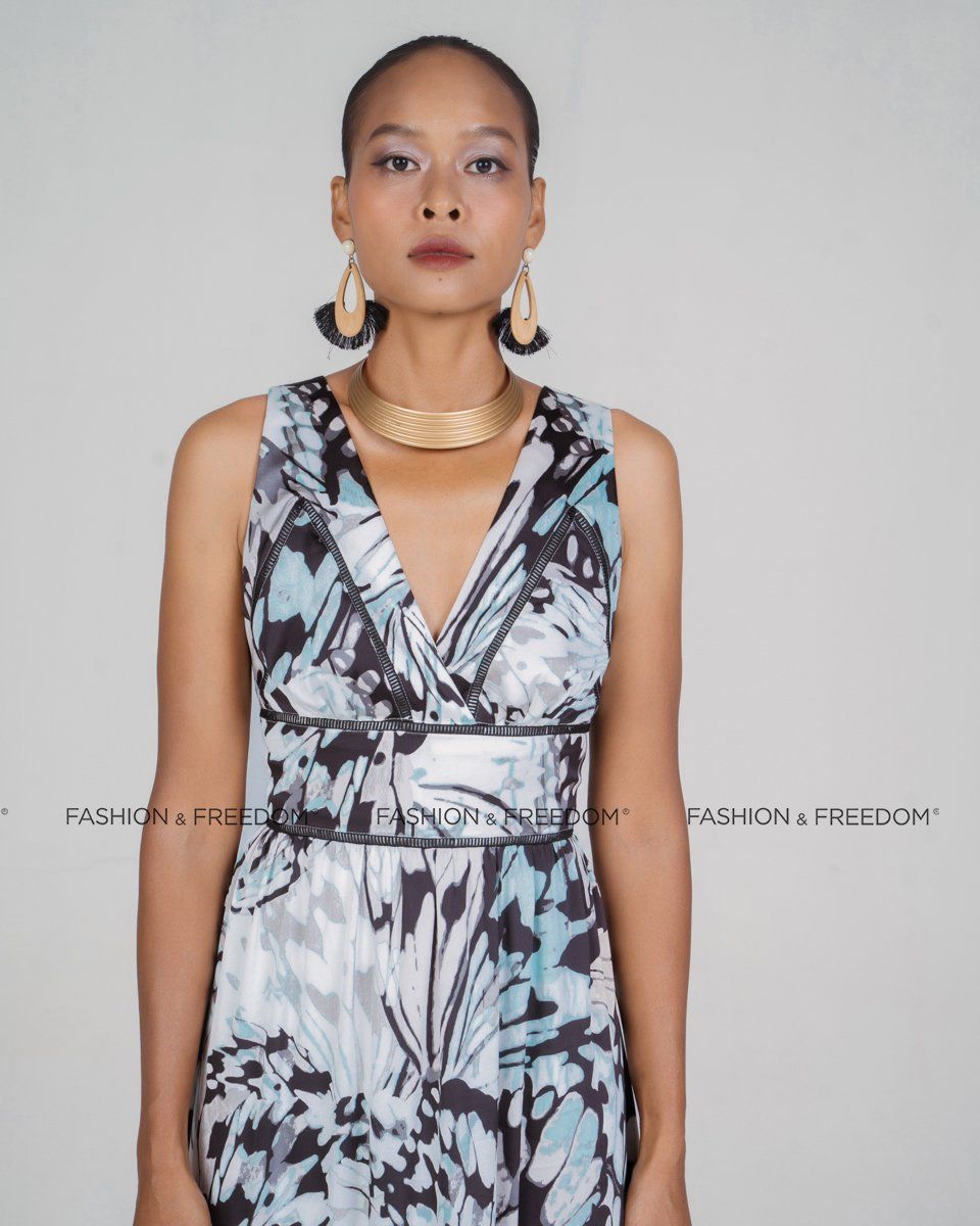 Đầm Lụa Xám Họa Tiết New Linen New Horizone