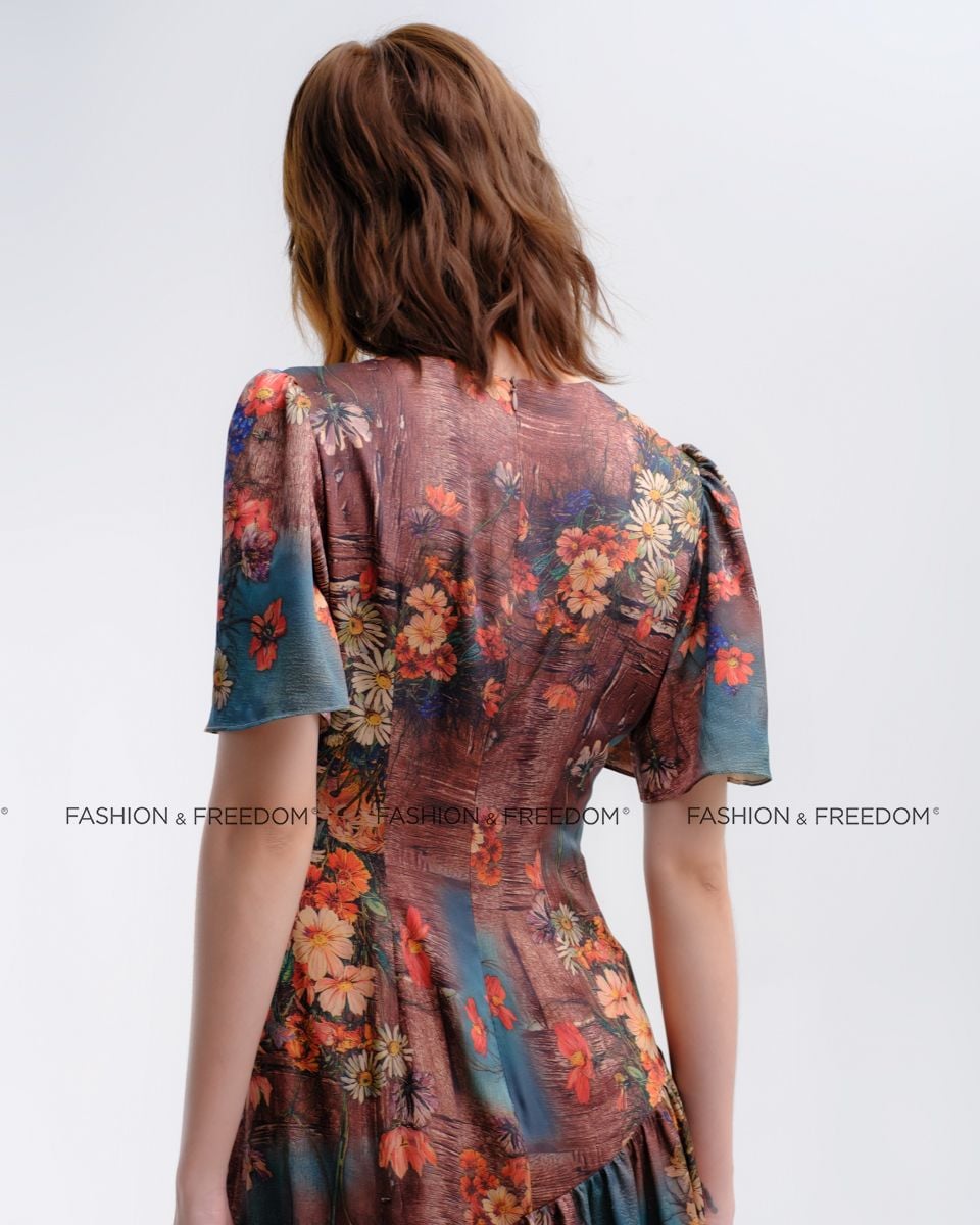 Đầm Lụa Xanh Họa Tiết Hương Mùa Hè