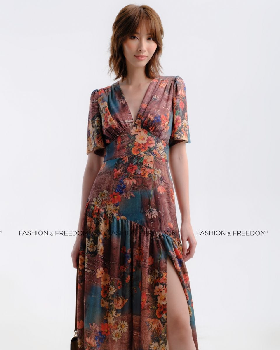 Đầm Lụa Xanh Họa Tiết Hương Mùa Hè