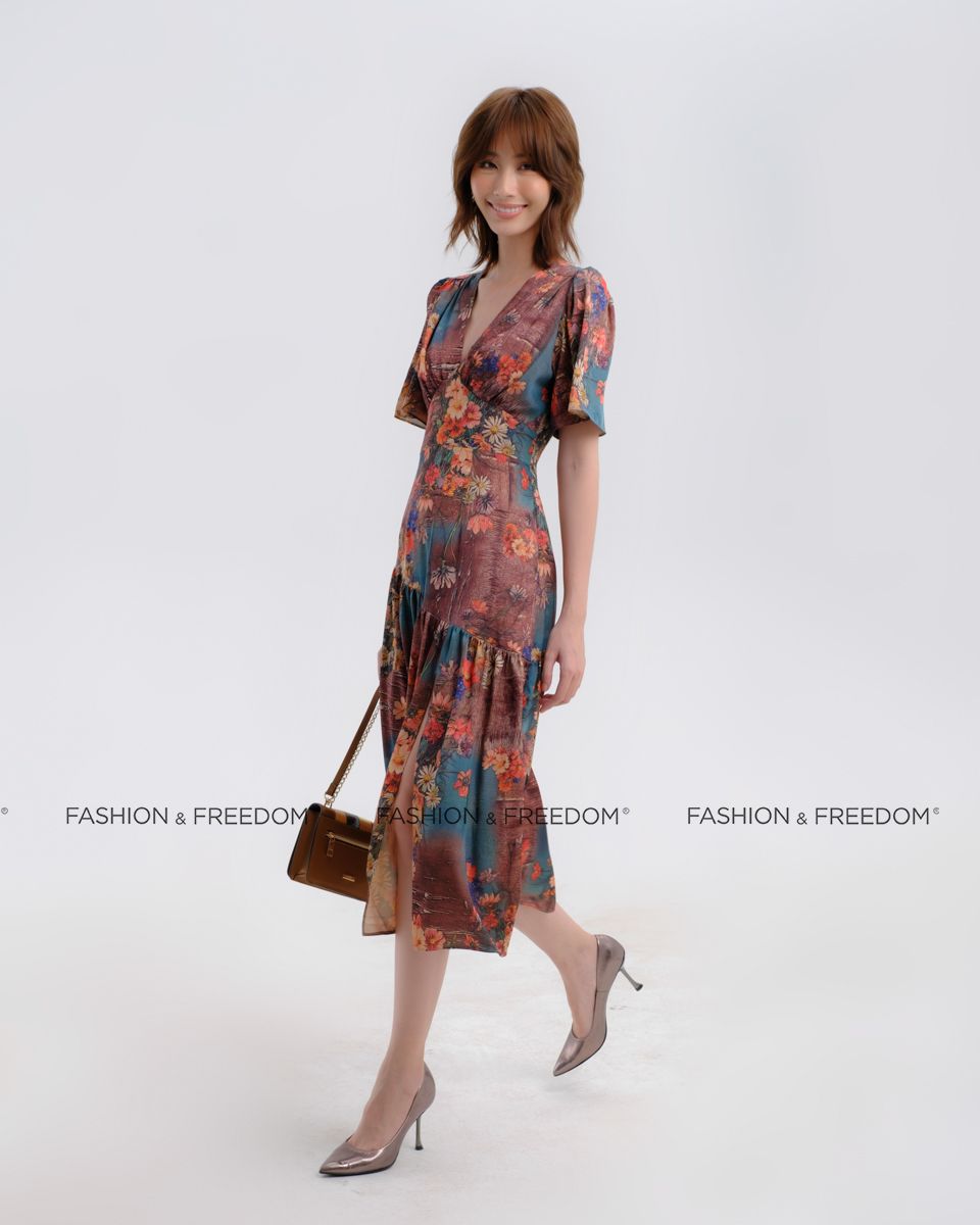 Đầm Lụa Xanh Họa Tiết Hương Mùa Hè