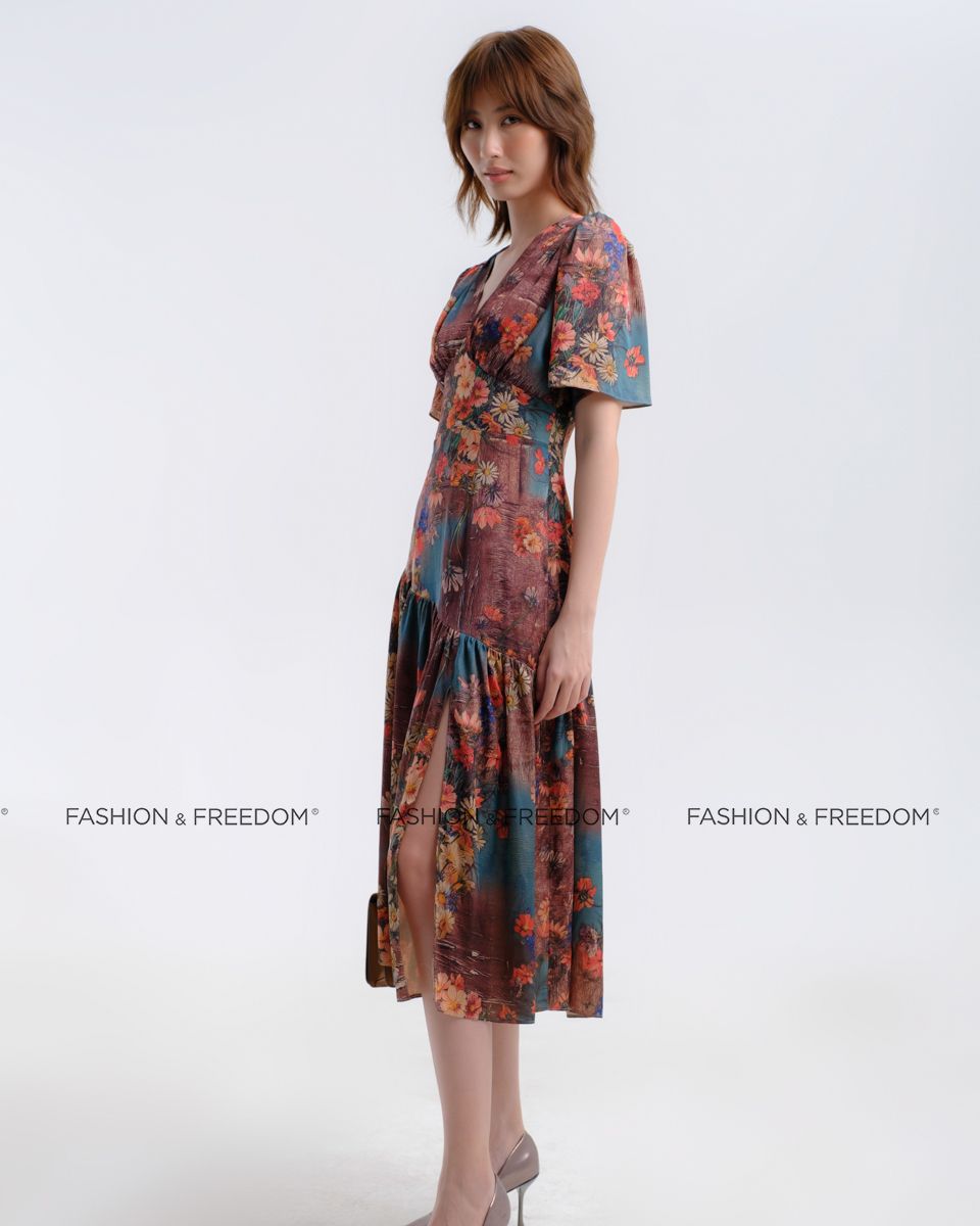 Đầm Lụa Xanh Họa Tiết Hương Mùa Hè