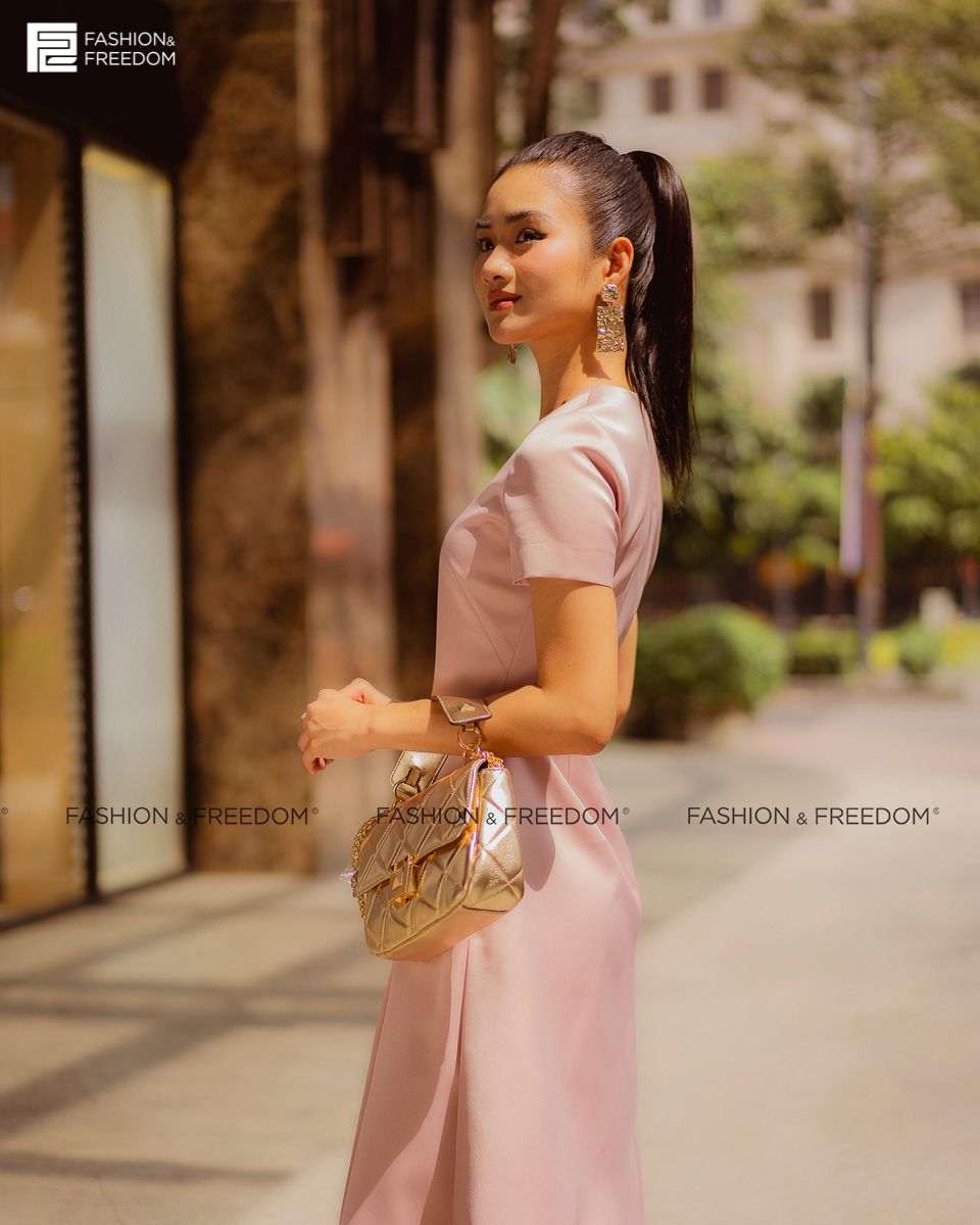 Đầm Gấm Hồng Nhạt Fall Muse