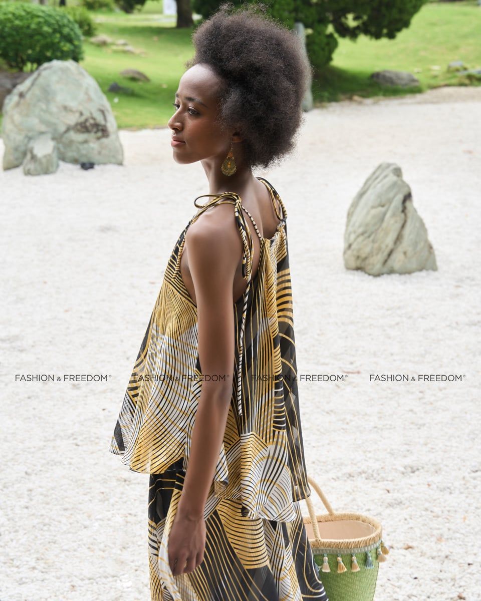 Áo Kiểu Voan Nữ Vàng Đen