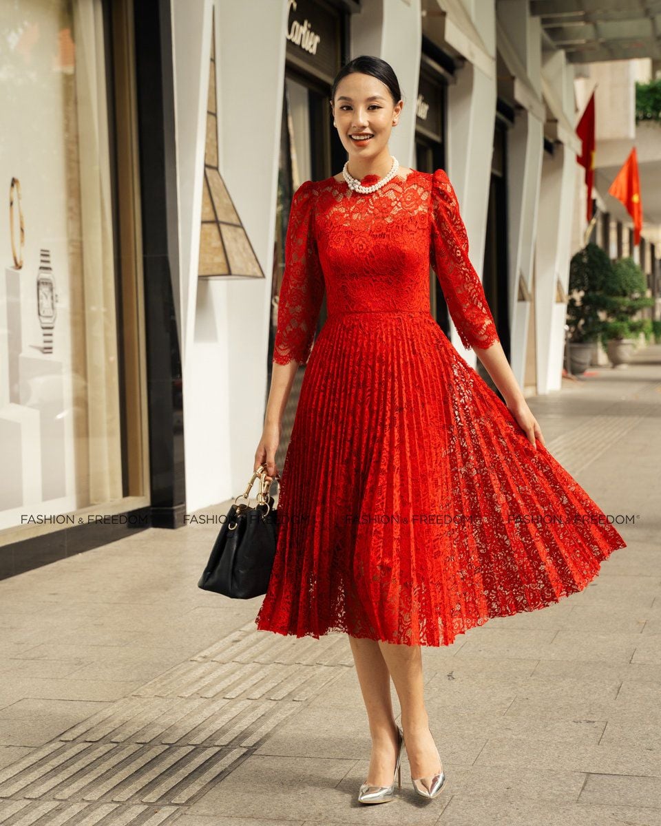 Đầm Ren Nữ Đỏ Có Tay Sắc Màu Tự Do