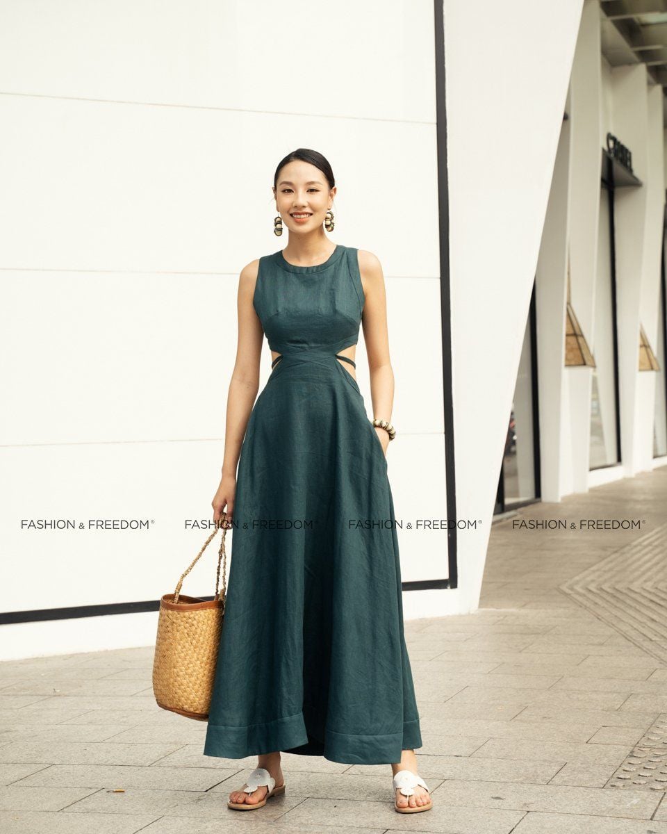 Đầm Nữ Linen Xanh Cổ Vịt Sắc Màu Tự Do