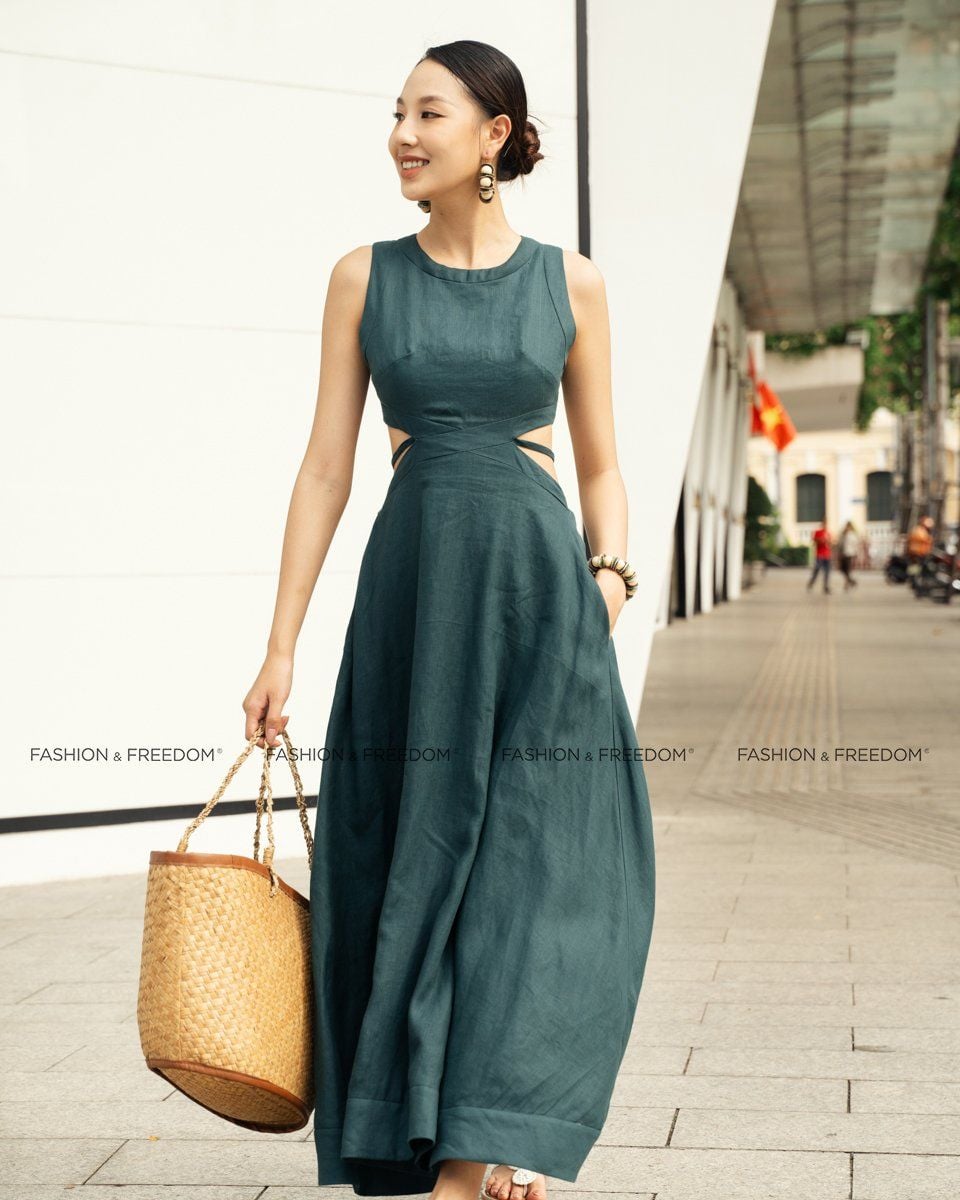 Đầm Nữ Linen Xanh Cổ Vịt Sắc Màu Tự Do