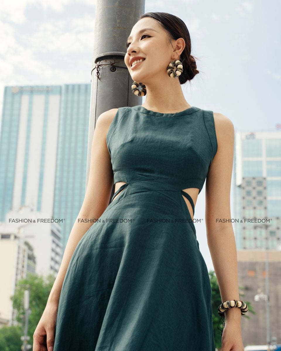 Đầm Nữ Linen Xanh Cổ Vịt Sắc Màu Tự Do