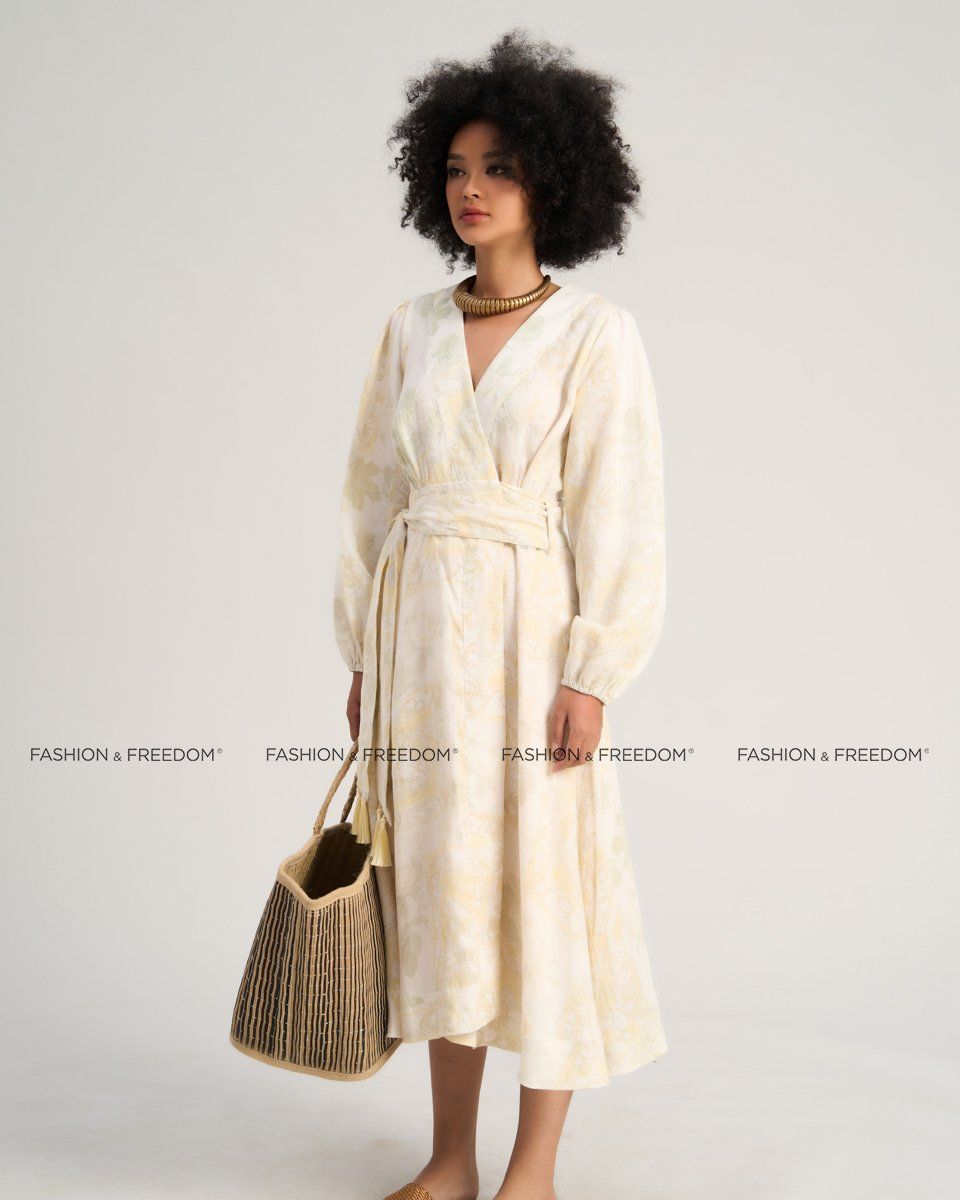 Đầm Linen Nữ Kem Họa Tiết Sắc Màu Tự Do