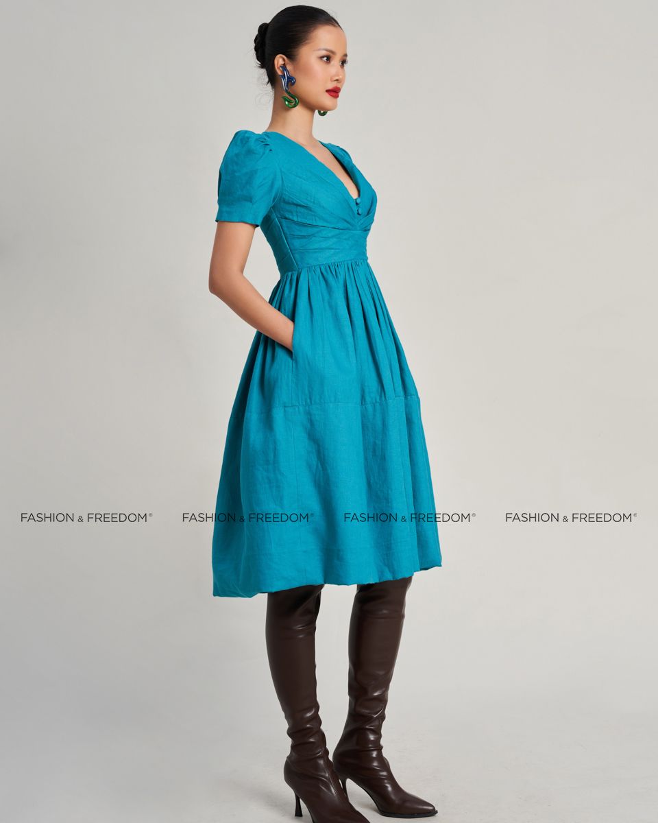 Đầm Linen Nữ Xanh Cổ Vịt Golden Girl