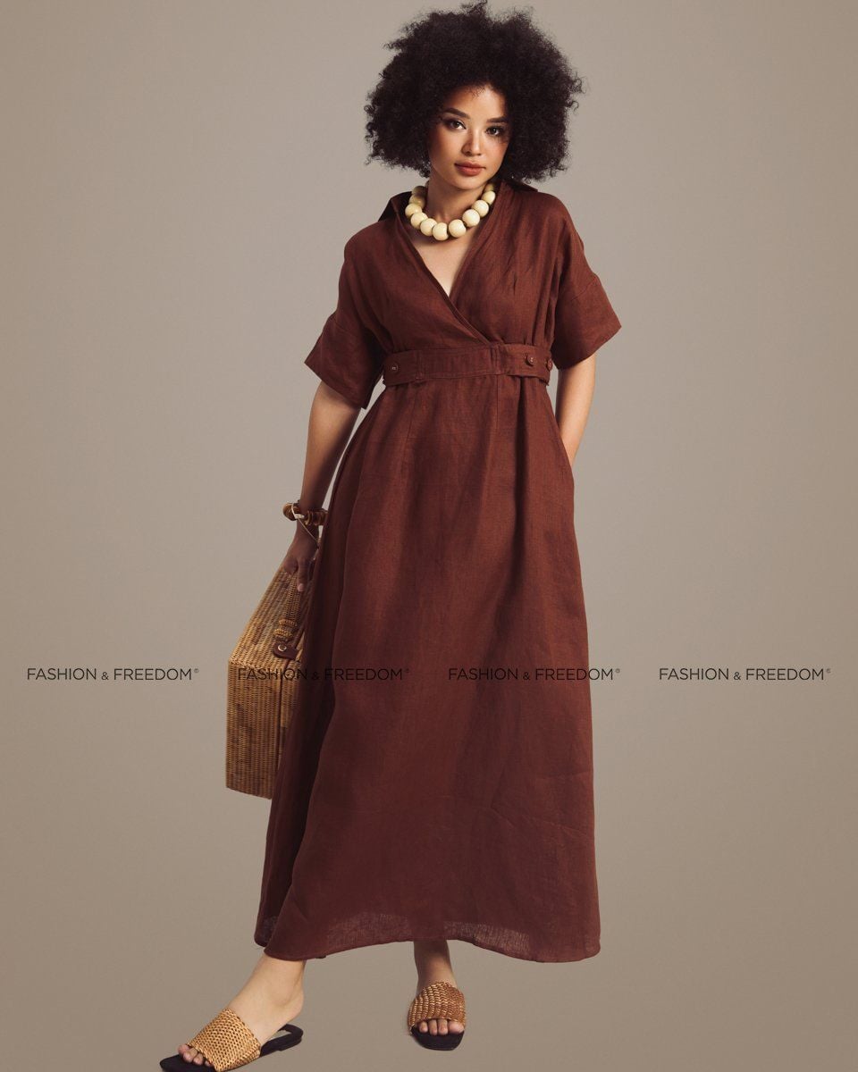 Đầm Linen Nữ Nâu Sắc Màu Tự Do